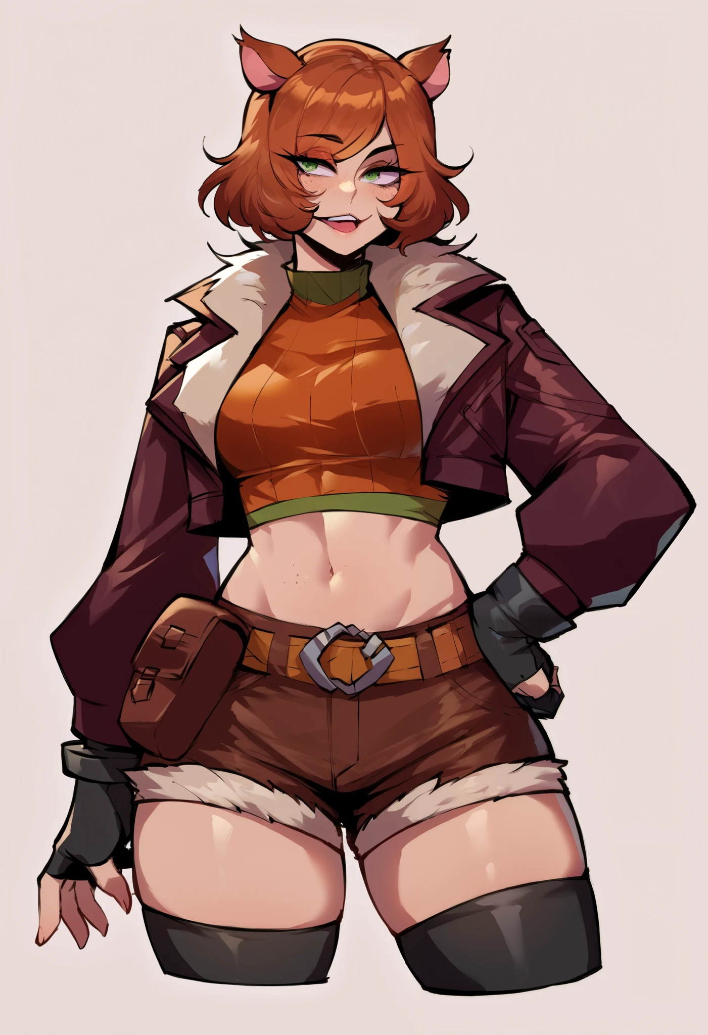 (score_9, score_8_up, seductive face, seductive expression), squirrelgirlSDXL, 1girl, short hair, brown hair, thighhighs, gloves, navel, animal ears, green eyes, jacket, tail, open clothes, shorts, black gloves, midriff, belt, black thighhighs, fingerless gloves, orange hair, open jacket, crop top, fur trim, short shorts, brown gloves, cropped jacket, pouch, brown jacket, belt buckle, fur-trimmed jacket, brown belt, leather, belt pouch, brown shorts, squirrel ears, squirrel tail, squirrel girl, freckles, Nyantcha Style, source_anime,