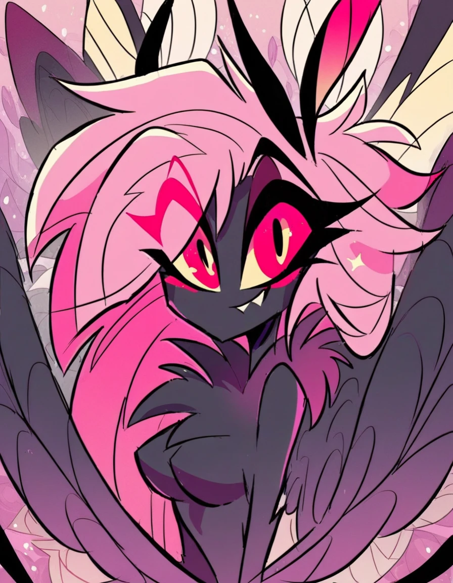 Cute art style vivziepop art style female moth demon moth wings moth antennae moth fluff cartoon art style black fur moth eyes black fluff long hot pink hair buglike eyes line art concept art hazbin hotel art style black skin black fur 