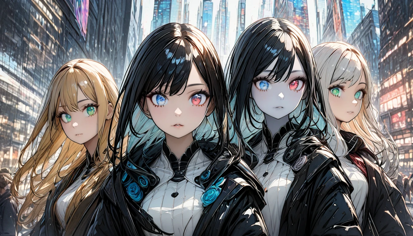 Three teenage girl characters. There are three girls. The first girl has short haircut, golden hair, sparkling blue eyes. The second girl has short black hair, sparkling green eyes. The third girl has long silver hair, sparkling red eyes. The three teenage girl characters have pale skin, beautifully detailed eyes, black and white one-piece outfits, (Highly detailed elegant), detailed skin, big city crowd scene background, adding dramatic and symbolic elements to the scene, border depth, bokeh, silky smooth to the touch, ultra detailed, high resolution, ultra detailed, (Highest quality, 16K, high resolution, masterpiece), muted colors, vibrant colors, professional lighting, detailed lips, detailed eyes,