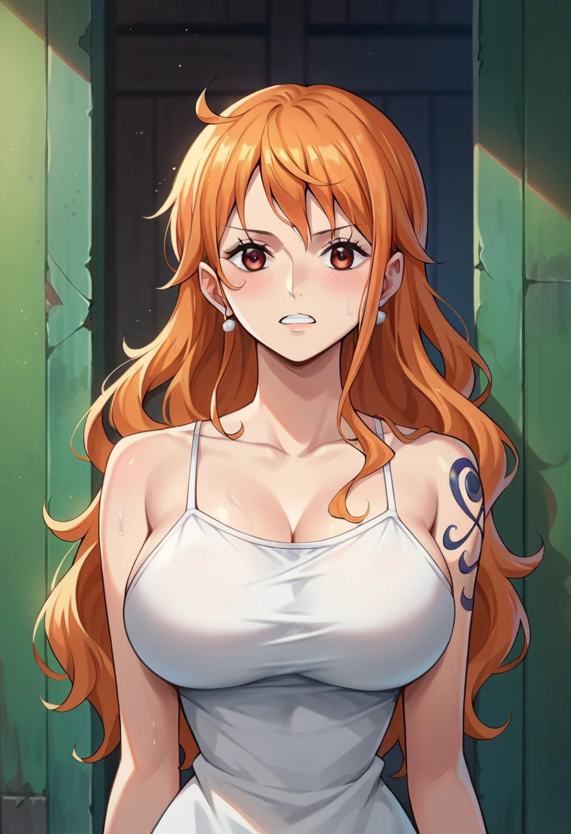 score_9, score_8_up, score_7_up, score_6_up, score_5_up, score_4_up, BREAK source_anime, nami_post, orange hair, long hair, wavy hair, side locks, brown eyes, large breasts, shoulder tattoo, white camisole, red panties