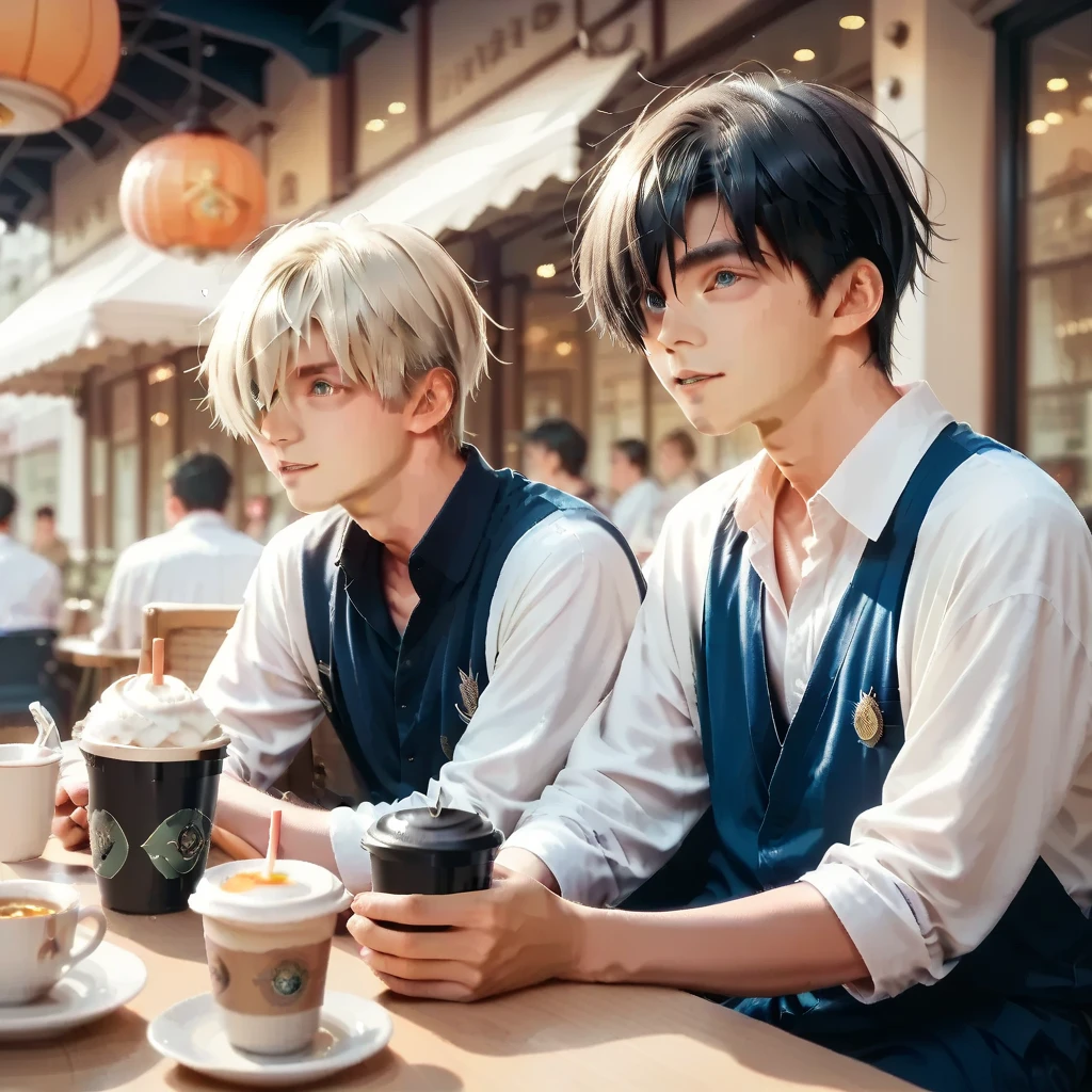 score_9, score_8_up, score_7_up, (master piece:0.9),RAW photo,2boy, cafe terrace ,BREAK Nagi-kun  ,black hair,dark blue eye BREAK エーテル先輩 blonde, MASH HAIR