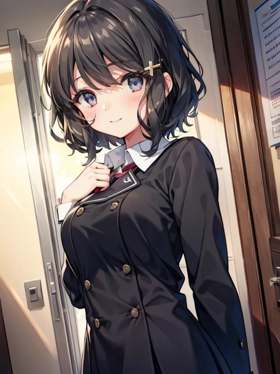 One Girl, Alone,  On, ( short hair:1.0), black hair, cute, 
smile,
sweat,   heart shaped eyes ,    Medium Breasted , 
  half-closed eyes,Curly hair , 
 viewer on one side,  from below,  CONCENTRATE , 
Particles of light,  My Room,
masterpiece,  top quality,   anatomically accurate, Anime ,
viewing angle, Top Girl, 
Whose,  school uniform(The color of the uniform is black),