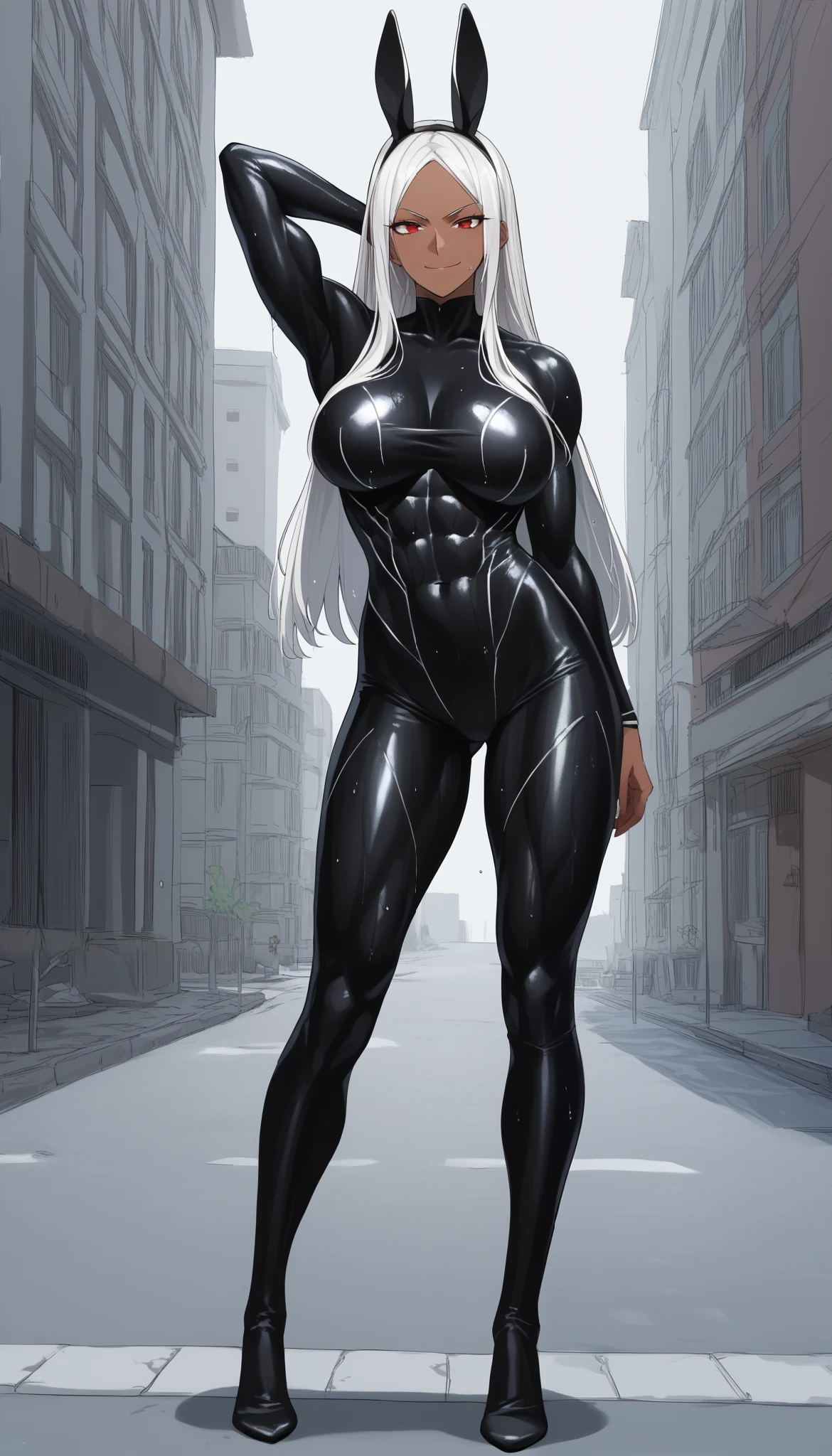 , high resolution, body, (mature woman1名:1.2),huge_breasts、 unit 8k wallpaper ,woman, dynamism,、 intricate details, she looks like a spectator , black Spider-Man costume , full body、building、 Sitting on top of a building at night 、 blurred backgrounds、lie down , from the front 、(( manga style , Fitgirl , linear drawing , standing , pose normal , Sensual , safe to work))、 having a conversation 、 animal ears, girl rabbit, dark skin, rabbit ears , Red eyes, perfect face , long hair, white hair, fringe parted,layout panel 、, busty body, muscular woman, smirk, wet body