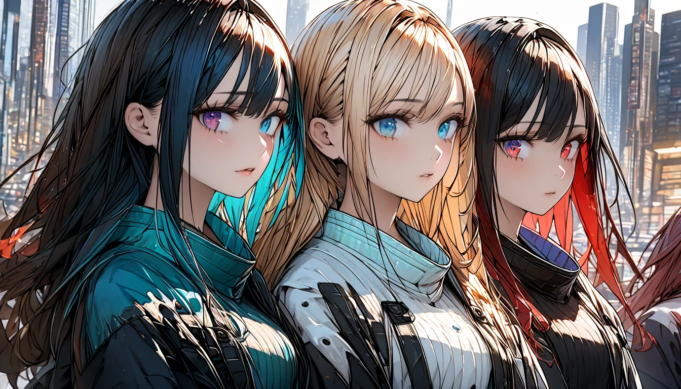 Three teenage girl characters. There are three girls. The first girl has short hair, golden hair and sparkling blue eyes. The second girl has short black hair and sparkling green eyes. The third girl has long silver hair and sparkling red eyes. All three teenage girl characters have different eye colors, pale skin, beautifully detailed eyes, black and white one-piece outfits, (highly detailed elegant), detailed skin, big city crowd scene background, adding dramatic and symbolic elements to the scene, border depth, bokeh, silky smooth to the touch, ultra detailed, high resolution, ultra detailed, (highest quality, 16K, high resolution, masterpiece), muted colors, vibrant colors, professional lighting, detailed lips, detailed eyes,