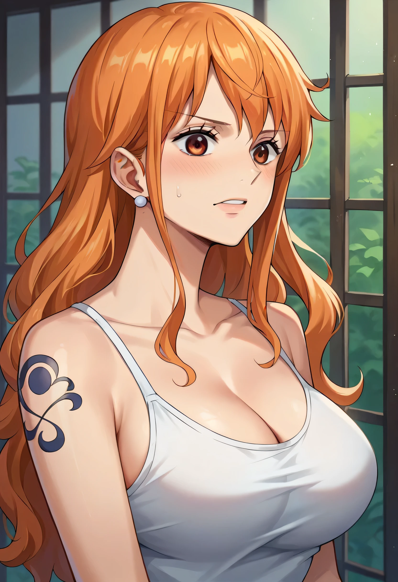 score_9, score_8_up, score_7_up, score_6_up, score_5_up, score_4_up, BREAK source_anime, nami_post, orange hair, long hair, wavy hair, side locks, brown eyes, large breasts, shoulder tattoo, white camisole, red panties