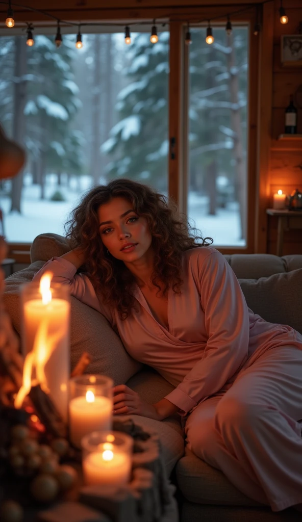 masterpiece, 8k, HDR, 3D, best quality, photograph, analog style, real life, extremely beautiful, (highly detailed, intricately detailed), (highly detailed skin), (alluring eyes), an image of (1female) lying on the couch in a cozy cabin in the middle of a snowy forest, softly illuminated by the light of candles placed on the lit fireplace, she is looking at the crackling fire in the fireplace, (1female), small waist, long curly brown hair, green eyes, makeup, glossy lips, wearing a pink silk pajama, feminine posture, outside, the snow is slowly falling, covering the landscape in a silent, white blanket. Inside the cabin, the air is permeated with the subtle scent of wax and burning wicks. The scene is serene and enveloping, as if time has stopped for a moment to allow you to enjoy the simplicity and beauty of candlelight.