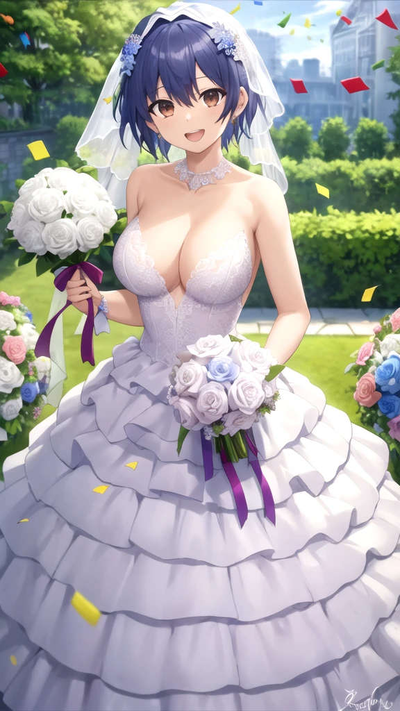 masterpiece, best quality, high quality, girl, solo, looking at viewer, itsuka_shidou, large breasts, wedding Dress, standing, garden, confetti, holding bouquet, smile, open mouth,