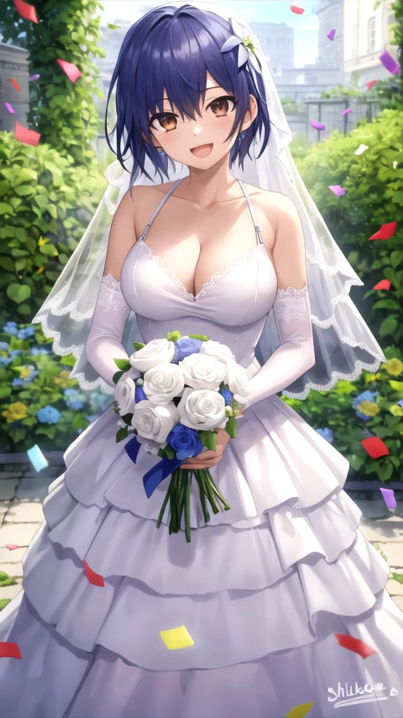 masterpiece, best quality, high quality, girl, solo, looking at viewer, itsuka_shidou, large breasts, wedding Dress, standing, garden, confetti, holding bouquet, smile, open mouth,