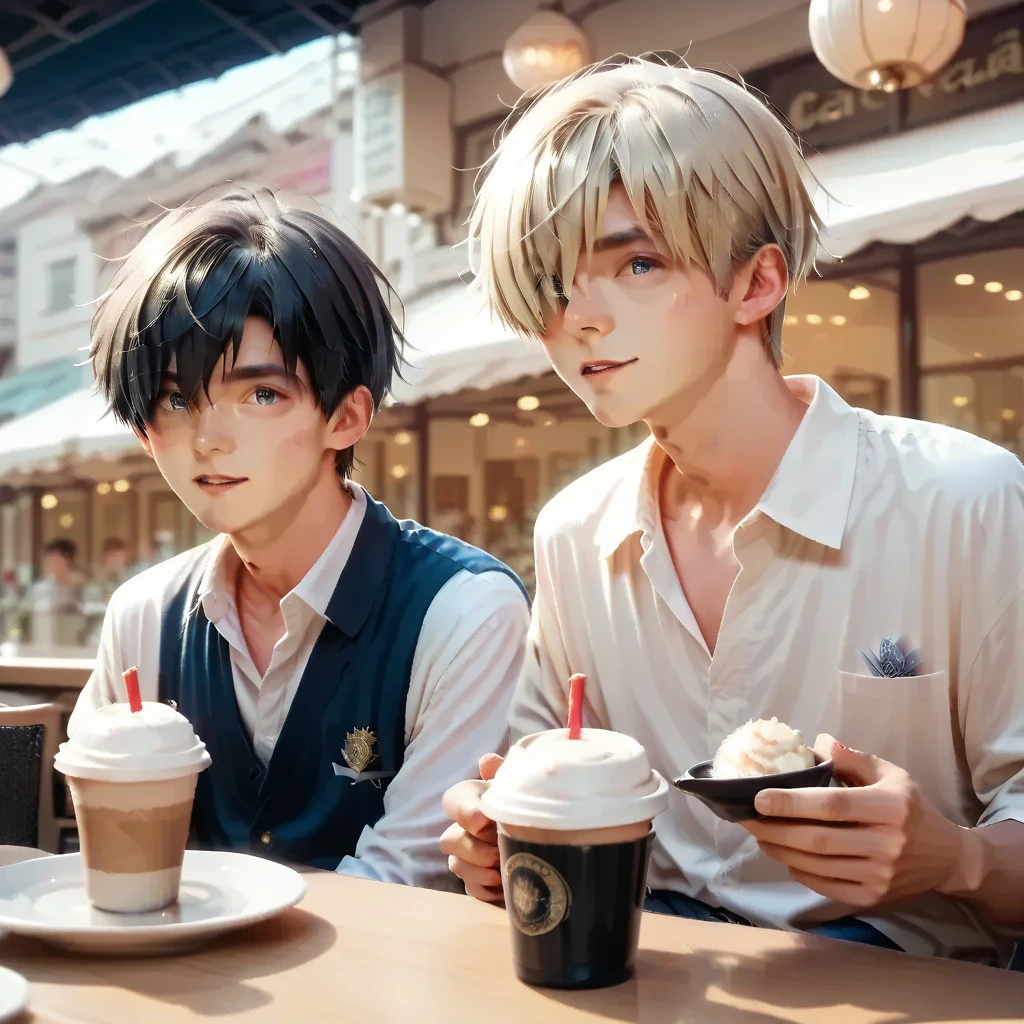 score_9, score_8_up, score_7_up, (master piece:0.9),RAW photo,2boy, cafe terrace ,BREAK Nagi-kun  ,black hair,dark blue eye BREAK エーテル先輩 blonde, MASH HAIR