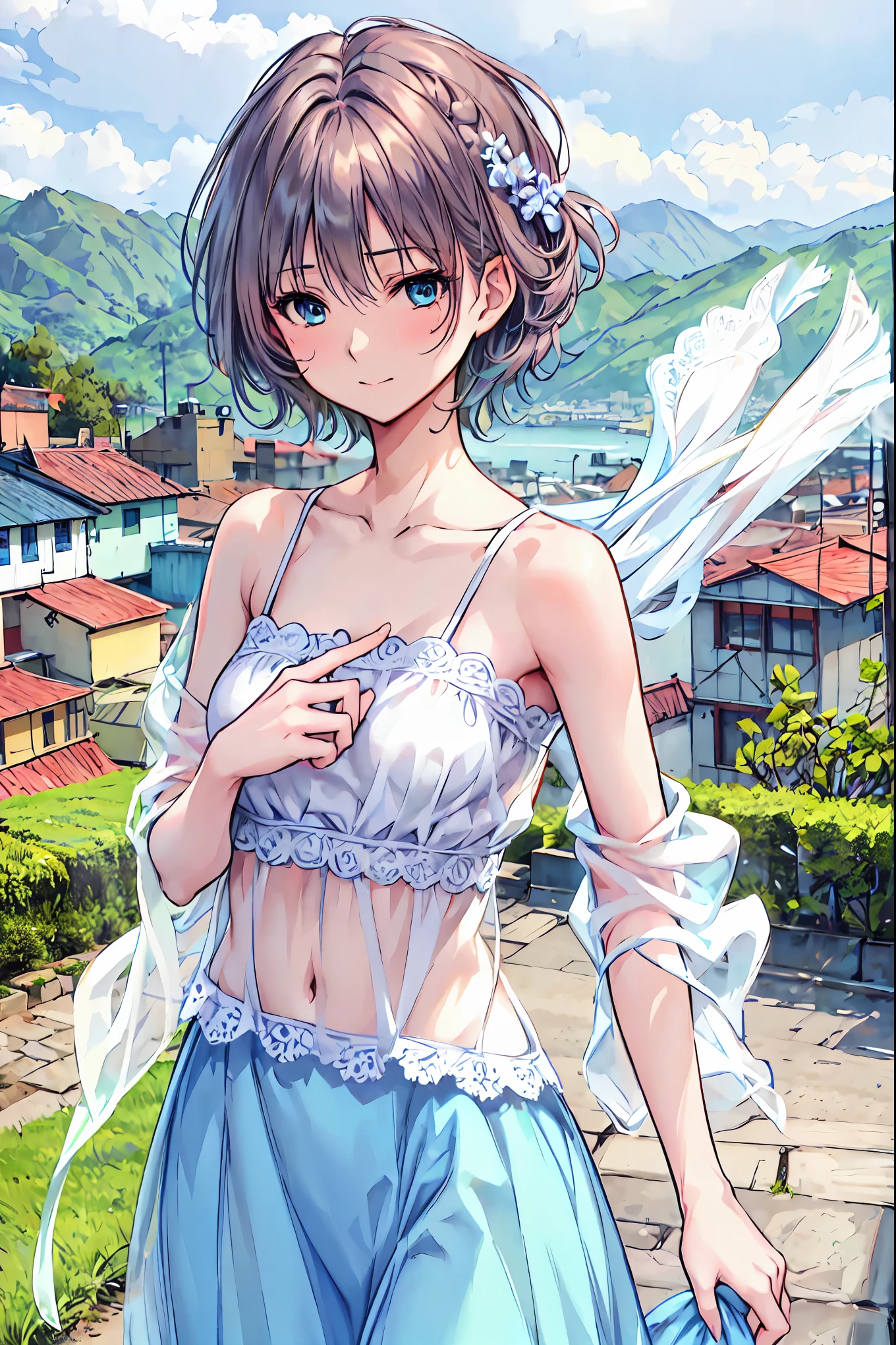 Misty rural sunrise 、Woman running up a steep hill、Distant and Near Views、 smoke coming out of an old factory chimney near the bay and harbor、 movie lights、 dramatic atmosphere 、8k、 high image quality 、 realistic 、 Detailed View 、 achromatic 、 volume lighting from above 、Hazy environment、 brown hair , shortcuts, hair is disheveled , short braided hair wet on the body ,Neat, slender beauty,hole々Positive Attitude,small breasts, Her enchanting gray-blue eyes shine like stars, Black Camisole , beautiful eyes ,A delicate smile, The best品質、The best, Gentle beautiful woman , Anime Style 、