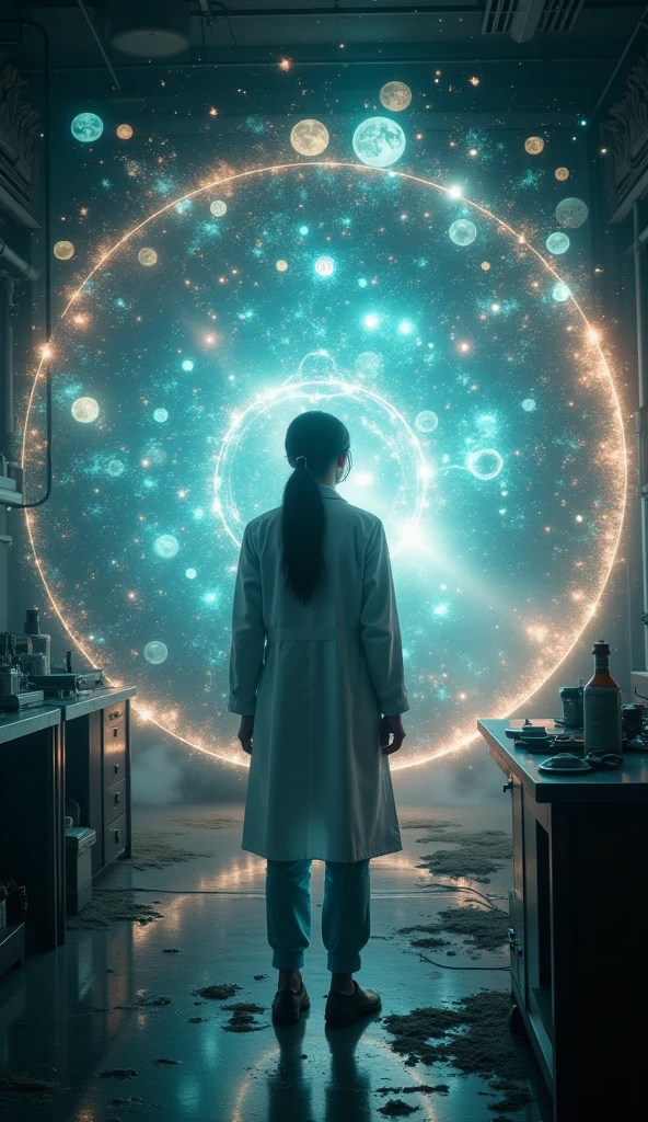 masterpiece, 8k, HDR, 3D, best quality, photograph, analog style, real life, extremely beautiful, (highly detailed, intricately detailed), (highly detailed skin), (alluring eyes), An image of a female scientist working in a secret laboratory, searching for a way to open a portal to parallel universes. On the other side, you see visions of alternate worlds: one where Earth is covered in alien vegetation, another where technology has advanced beyond your wildest dreams, and yet another where humanity never existed. You decide to step forward and cross the threshold.