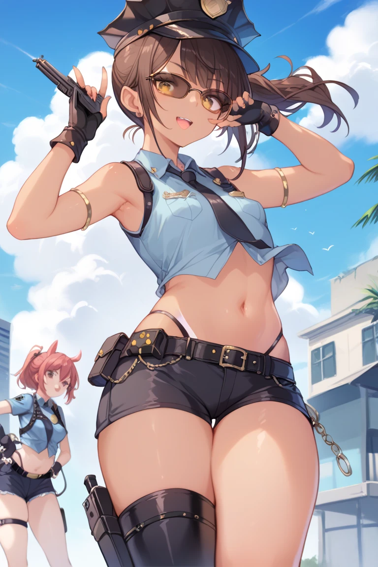  A girl,  brown hair , holding a gun with one hand , and with the other hand taking off some dark sunglasses ,  with a large pet collar with small black spikes,  short hair with a ponytail,  golden eyes ,  small breasts ,  thick thighs,  tanned skin, wearing a police shirt ,  wearing a police vest ,  with black fingerless gloves with metallic ornaments ,  wearing black tights under large black shorts, wearing boots.