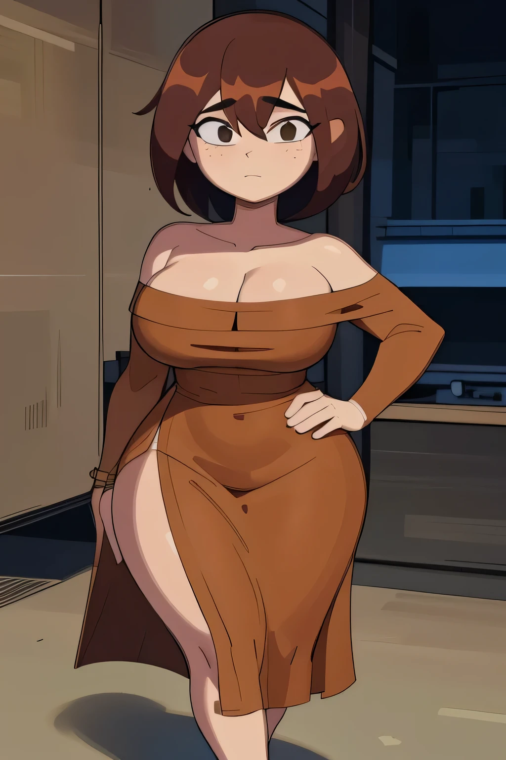 score_9, score_8_up, score_7_up, score_6_up, score_5_up, score_4_up, (anime_source), anime style, 1girl, alone, mexican girl, brown skin, light brown skin, standing, dark brown hair, cinnamon hair spikes, cinnamon gradient, bangs, long brown dress, subtle facial expression, calm and confident, realistic proportions, simple pose, dynamic lighting, curvy body, big breasts, thick thighs, good waist, wide hips, standing, full body, attractive, sexy, adjusting clothes, ((low cut dress, tailored dress, dress, low cut, orange dress)), simple background, ((sheer black shirt, sheer black shirt under dress, sheer shirt)), score_9, score_8_up, score_7_up, score_6_up, score_5_up, Perfect Hands, ((Masterpiece, Best Quality)), (8k, Ultra Detailed), MylesPrower, Miles Prower, ((good anatomy)),