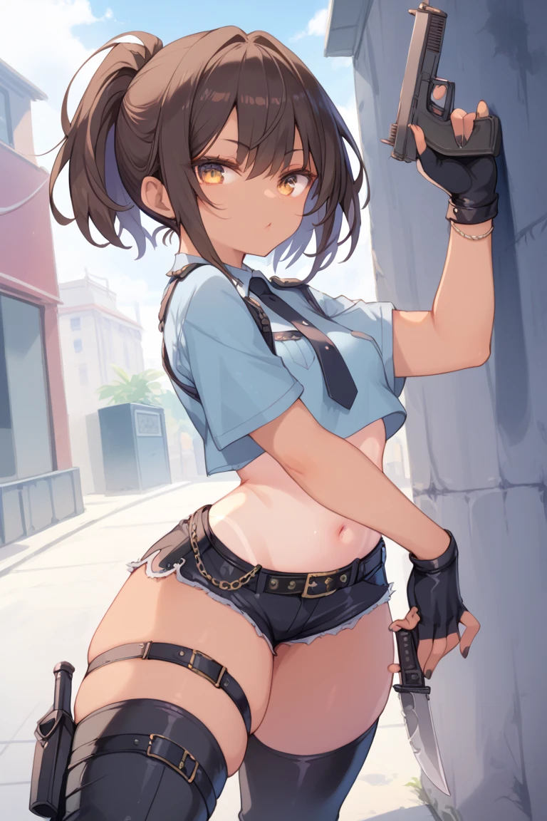  A girl,  brown hair , holding a gun with one hand , and with the other hand holding a combat knife ,  with a large pet collar with small black spikes,  short hair with a ponytail,  golden eyes ,  small breasts ,  thick thighs,  tanned skin, wearing a police shirt ,  wearing a police vest ,  with black fingerless gloves with metallic ornaments ,  wearing black tights under large black shorts, wearing boots.