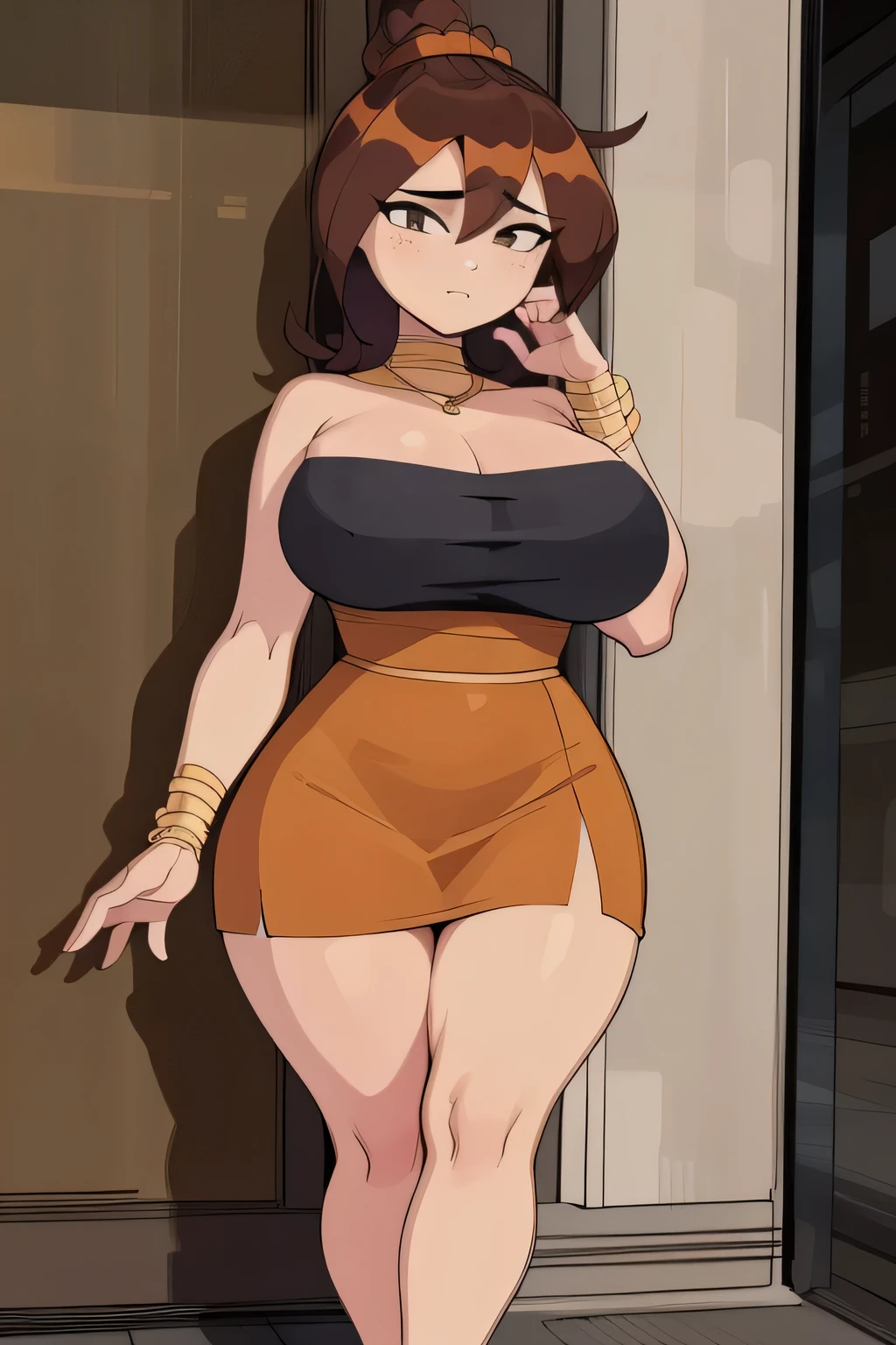 score_9, score_8_up, score_7_up, score_6_up, score_5_up, score_4_up, (anime_source), anime style, 1girl, alone, mexican girl, brown skin, light brown skin, standing, dark brown hair, cinnamon hair spikes, cinnamon gradient, bangs, long brown dress, subtle facial expression, calm and confident, realistic proportions, simple pose, dynamic lighting, curvy body, big breasts, thick thighs, good waist, wide hips, standing, full body, attractive, sexy, adjusting clothes, ((low cut dress, tailored dress, dress, low cut, orange dress)), simple background, ((sheer black shirt, sheer black shirt under dress, sheer shirt)), score_9, score_8_up, score_7_up, score_6_up, score_5_up, Perfect Hands, ((Masterpiece, Best Quality)), (8k, Ultra Detailed), MylesPrower, Miles Prower, ((good anatomy)),