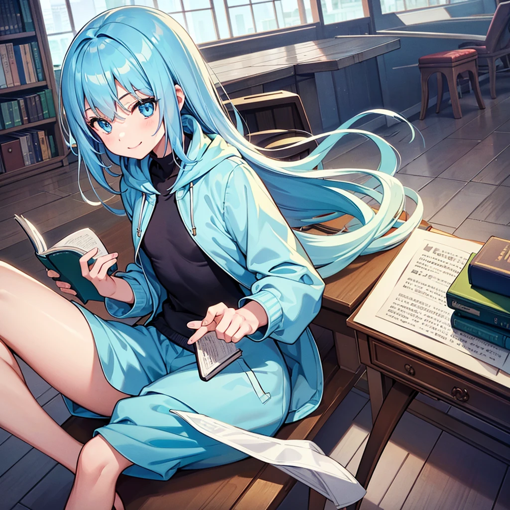 the inside of a library, 1girl, solo, bartende, reading a book, sitting, light blue hair, long hair, light blue eyes, flat chest, slim figure, smile, hoodie, perfect anatomy