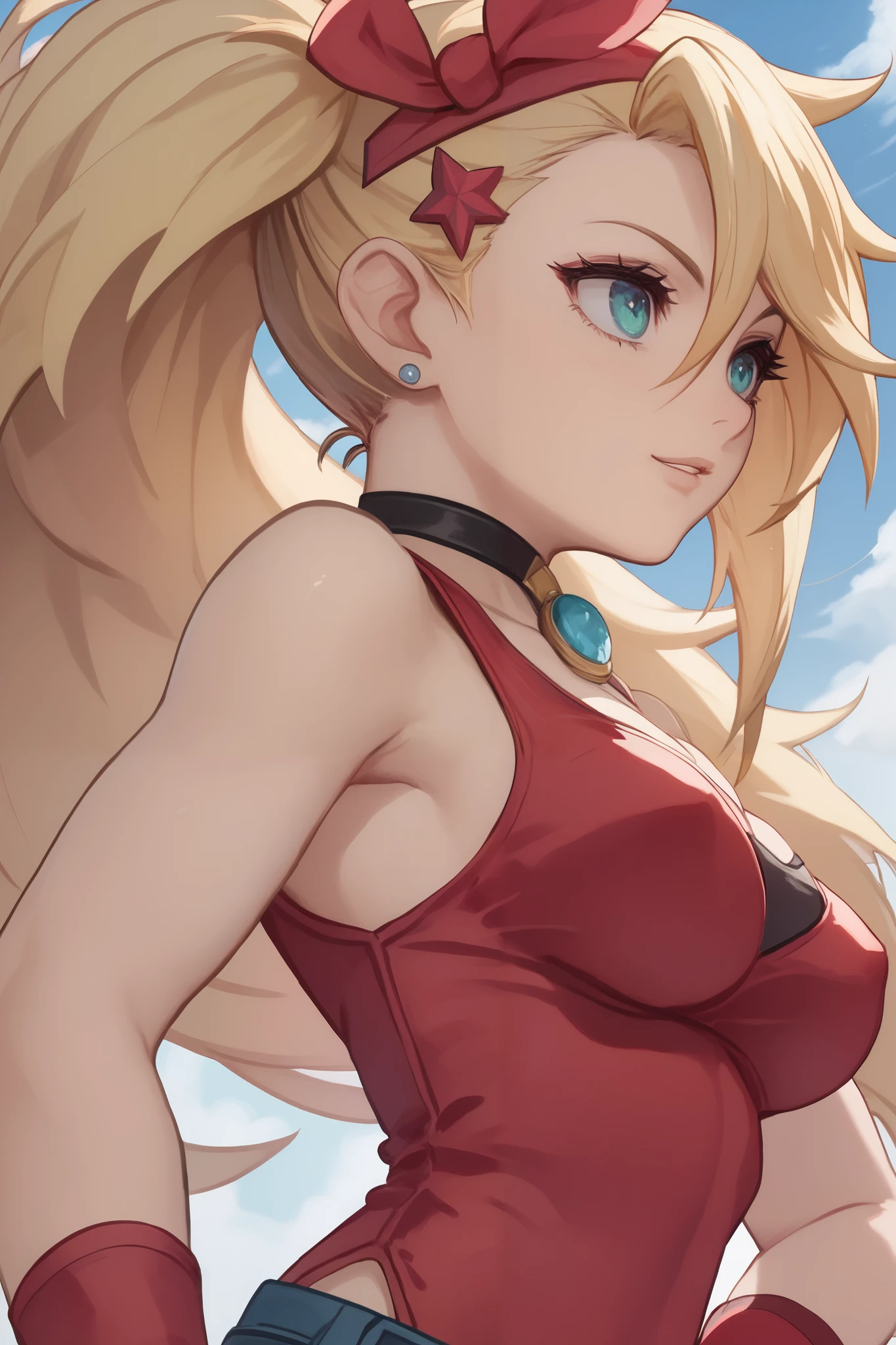 young girl, long blonde hair, Hairpin with a bundle,  turquoise eyes, red tight uniform, Sleeveless, Wide neckline on the chest to the abdomen, Gold Elements, Red outfit, Shorts, Masterpiece, hiquality, 4k, HD, Good details, side view, side overview, Long Hair, 