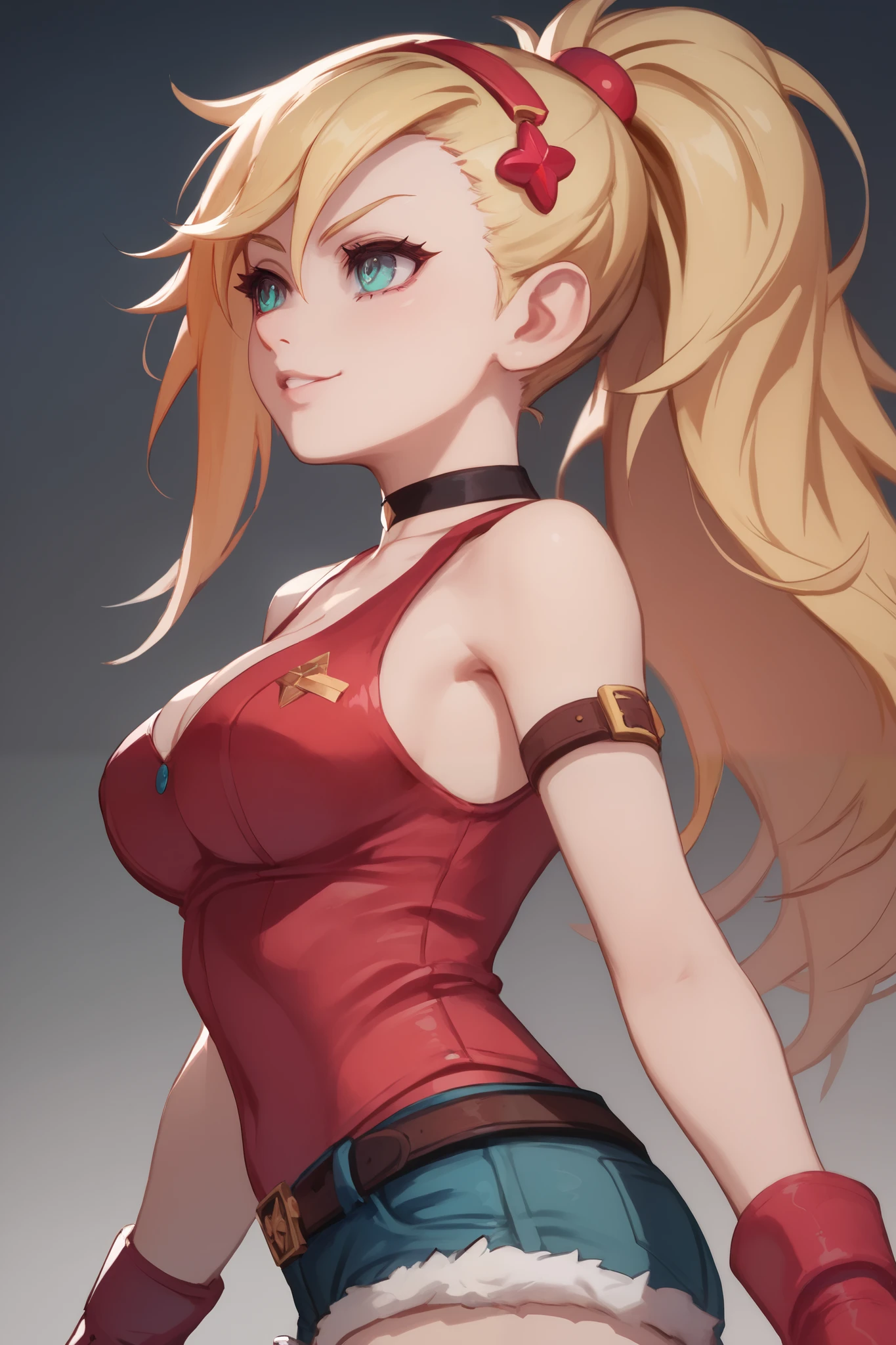 young girl, long blonde hair, Hairpin with a bundle,  turquoise eyes, red tight uniform, Sleeveless, Wide neckline on the chest to the abdomen, Gold Elements, Red outfit, Shorts, Masterpiece, hiquality, 4k, HD, Good details, side view, side overview, Long Hair, 