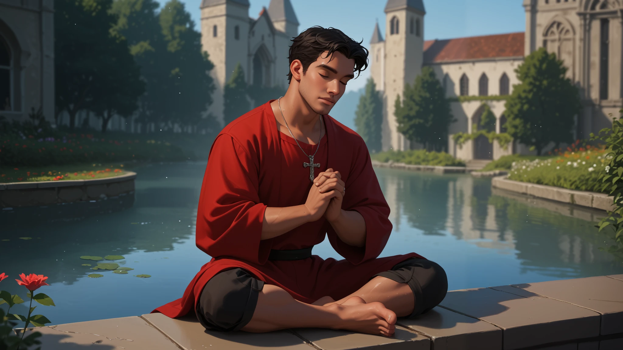 man praying,  strong man, red tunic, armor breastplate,  well lit ,  depth of field,  full body, silver crucifix necklace, silver rings ,  short hair,  black hair,  wet hair, barba, highly detailed,  high contrast ,  best quality ,  masterpiece ,  high definition ,  closed eyes , garden,  perfect face ,  perfect hands , perfect feet,  perfect eyes, perfect nose, flores, Samambaias,  bare feet , church, over the water, Lake, worship

