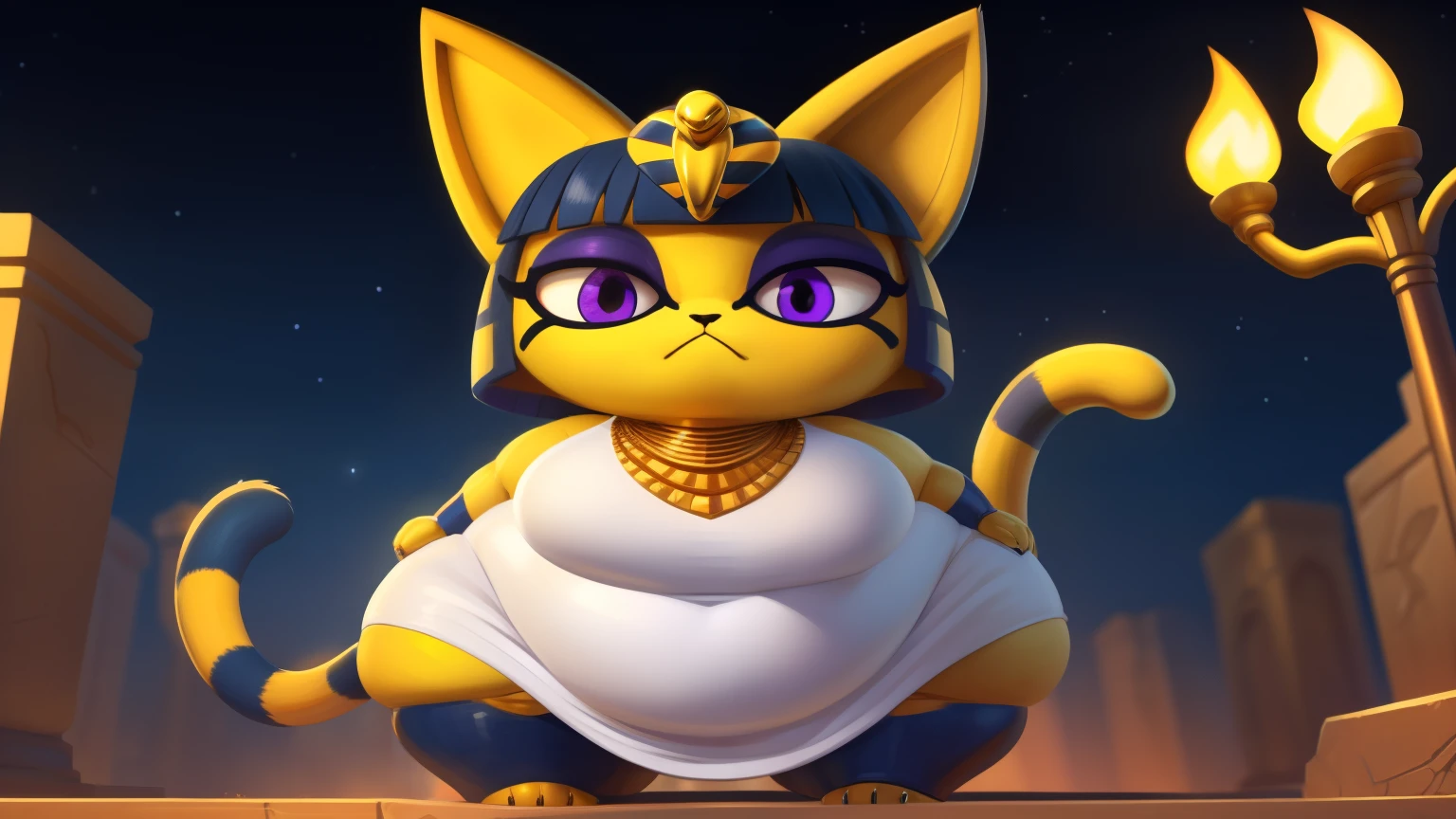[ankha; Animal Crossing], [Uploaded to e621.net; (Pixelsketcher), (wamudraws)], ((masterpiece)), ((HD)), ((solo portrait)), ((full body)), ((front view)), ((feet visible)), ((furry; anthro)), ((detailed fur)), ((detailed shading)), ((beautiful render art)), ((cinematic lighting)), {anthro cat; (slim figure), yellow fur, black nose, (cute purple eyes), (indigo eyeshadow), (egyptian eye make-up), cat ears, long cat tail, (gorgeous wide hips), (small ), (beautiful legs), (beautiful paws), (black claws), (frown)}, {(tight white dress), (colorful necklace), (detailed snake headwear), (blue bracers), (gold anklets)}, {(walking), (hands on hips), (looking at viewer)}, [background; (sandstone walls), (club), (torch in background), (starry sky), (sun rays)] (bbw), (hourglass body), (perfect anatomy fat body), (mature female), (tall)