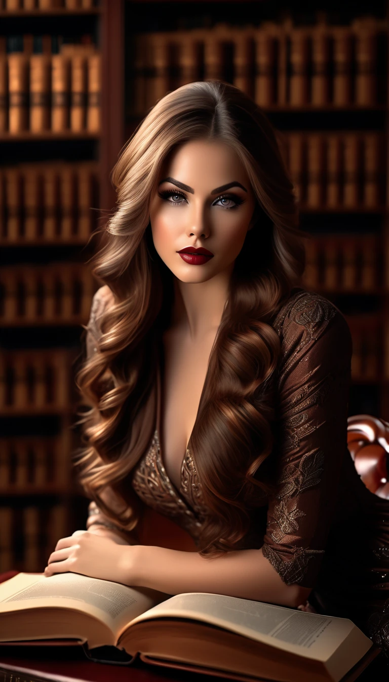 gorgeous  woman , long wavy hair, black gown , keeps book open, serious look, street background, half length shot, sensual elegant style, top quality photo