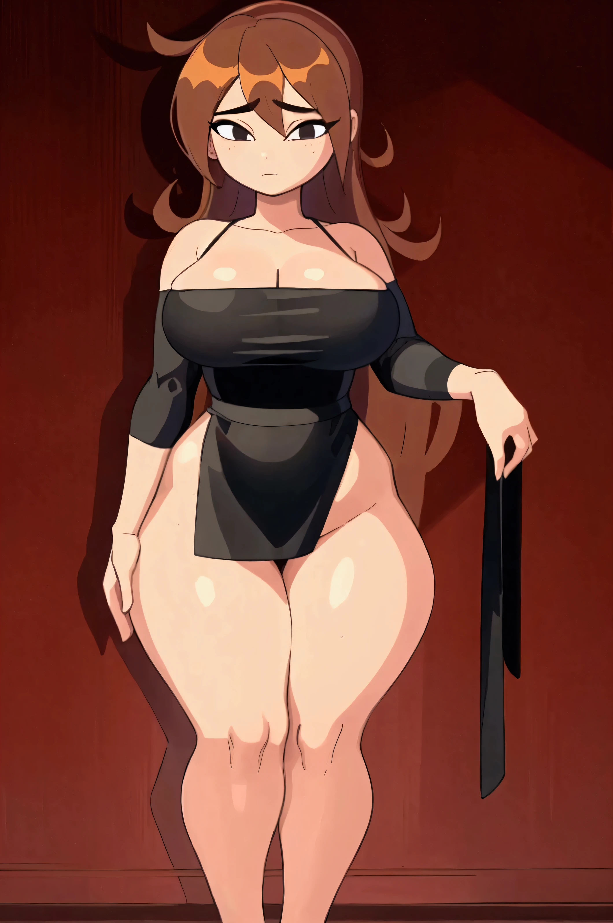 score_9, score_8_up, score_7_up, score_6_up, score_5_up, (anime_source), anime style, 1girl, alone, mexican girl, light brown skin, standing, dark brown hair, cinnamon gradient, bangs, long hair, long brown dress with spaghetti straps, straight neckline, and tailored fit, black semi-transparent long-sleeved shirt underneath, adjusting clothes, calm and confident expression, realistic proportions, curvy body, big breasts, thick thighs, good waist, wide hips, simple and elegant pose, dynamic and soft lighting, attractive and stylish, full body, orange and warm tones in the background, simple background, ((Masterpiece, Best Quality)), (8k, Ultra Detailed), ((good anatomy)).