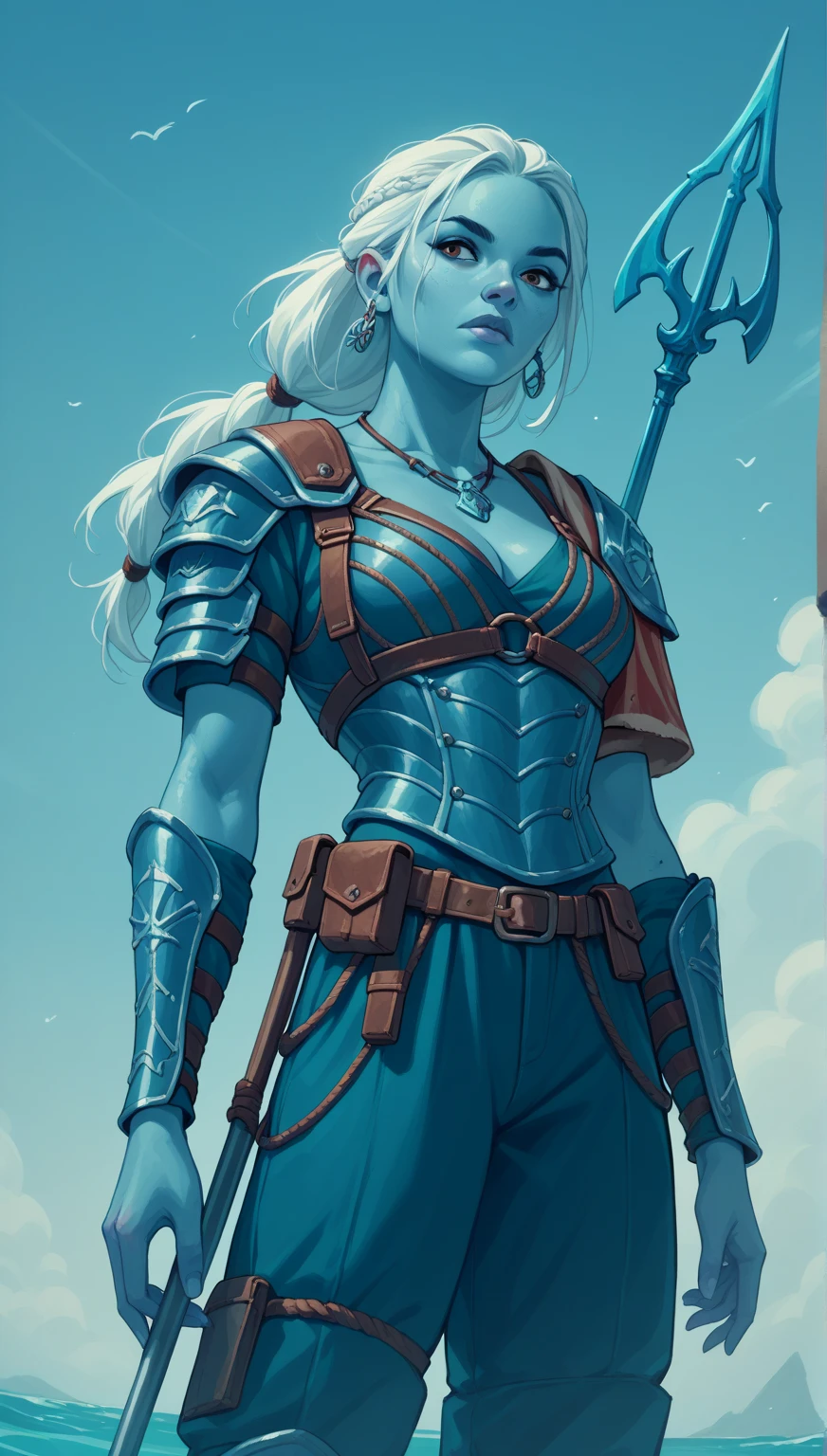 Amphibious female Atlantis armoured soldier with trident, (blue skin)