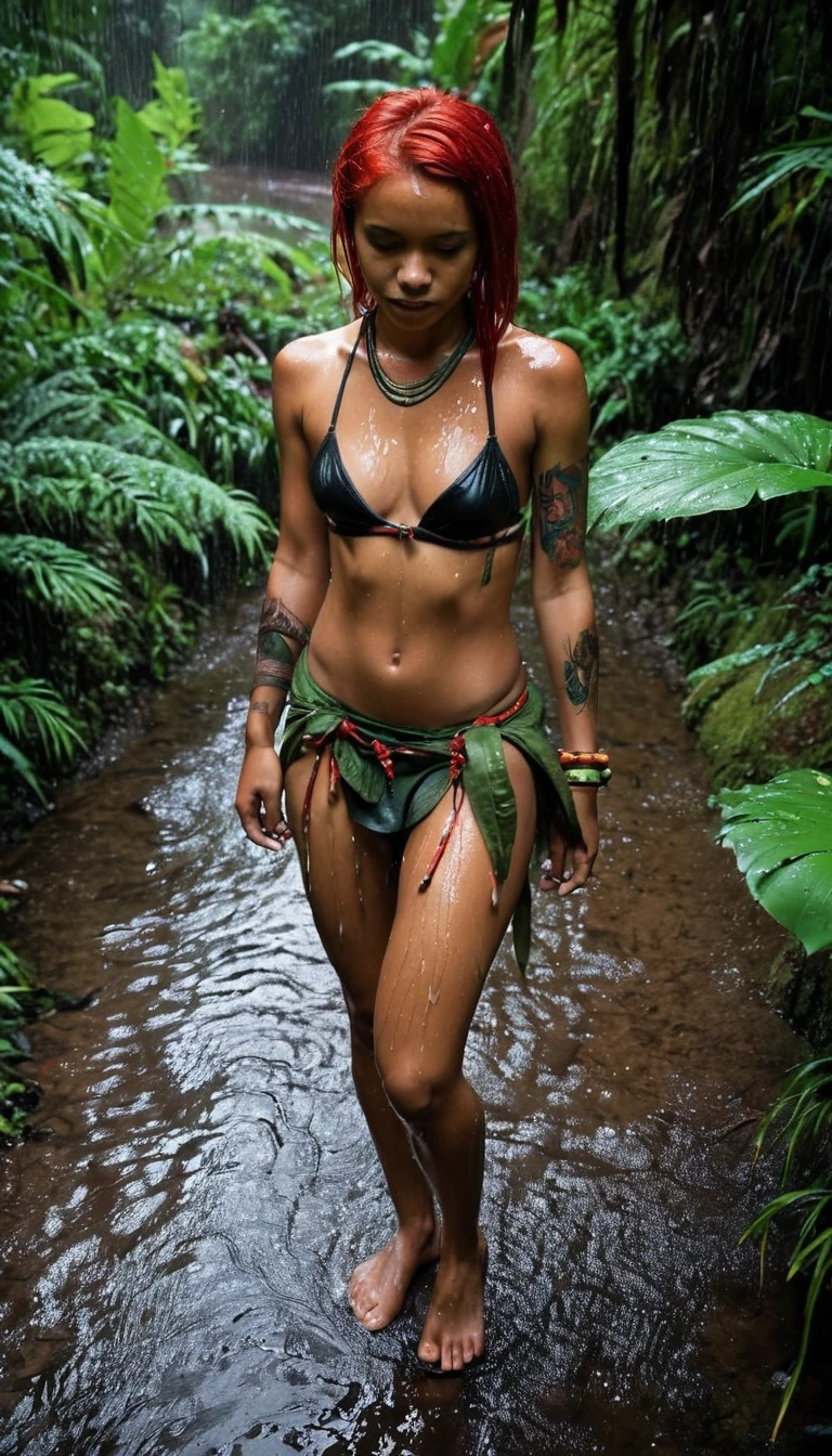 Kobold, scalie, solo, (black skin), anthro, female, kobold female, women, flat chested, flat breasts, horns, Red tribal tattoos, Red womb tattoo, tail, kobold tail, golden eyes, Penetrating gaze, licking, licking lips, pussy, standing, tail, Magic staff, cuff gold, neck cuff very thick, in a jungle mangrove, (green slime loincloth), Warlock Kobold, tongle, tongle out, cuff gold, neck cuff very thick, naked, belly dancer costume,