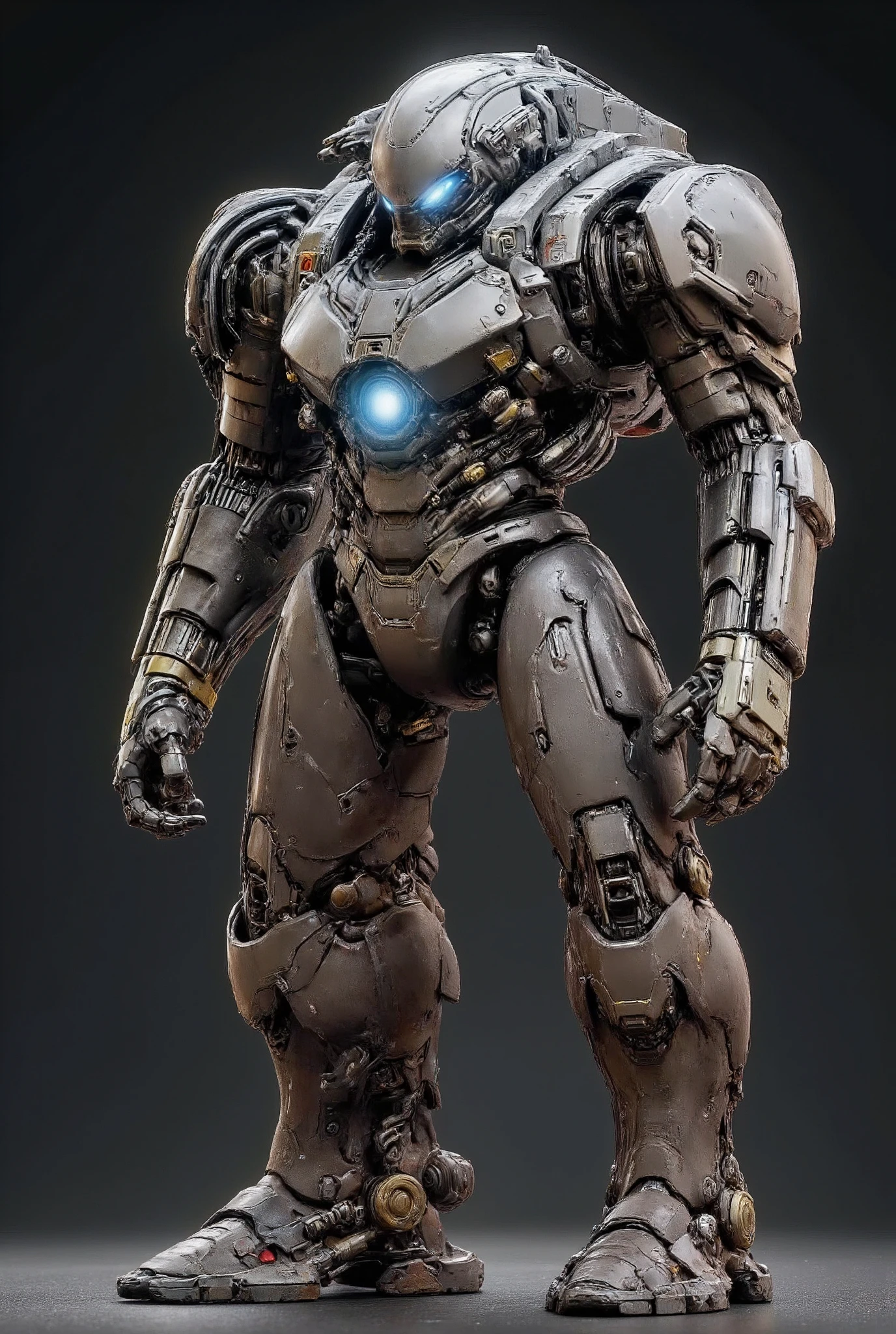 a large powerful mecha robot, highly detailed mechanical design, intricate armor plating, glowing blue energy core, futuristic sci-fi style, dynamic pose, dramatic lighting, muted metallic color palette, cinematic composition, photorealistic, (best quality,8k,highres,masterpiece:1.2),ultra-detailed,(realistic,photorealistic,photo-realistic:1.37),concept art