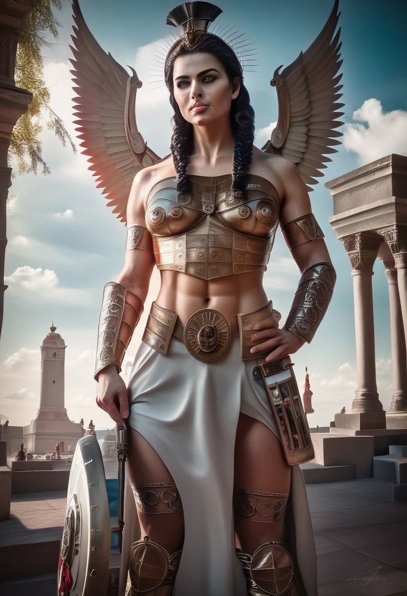 8k portrait of beautiful cyborg with brown hair, intricate, elegant, highly detailed, majestic, digital photography, (photo, studio lighting, hard light, sony a7, 50 mm, pores, colors, hyperdetailed, hyperrealistic), elegant Diva, valkyrie, angel, nice hands, prefect hamds, detailed hands, extremely prefect face, extremely prefect eyes:1.2, (portrait of CODKier:1.4), (cowboy shooting:1.1), face from, solo, black hair, bracelet, breasts, cleavage, dark, feathered wings, gloves, halo, jewelry, necklace, spread white feathered wings, <lora:CODKier:0.6>, (The background is blue sky with clouds:1.5),
