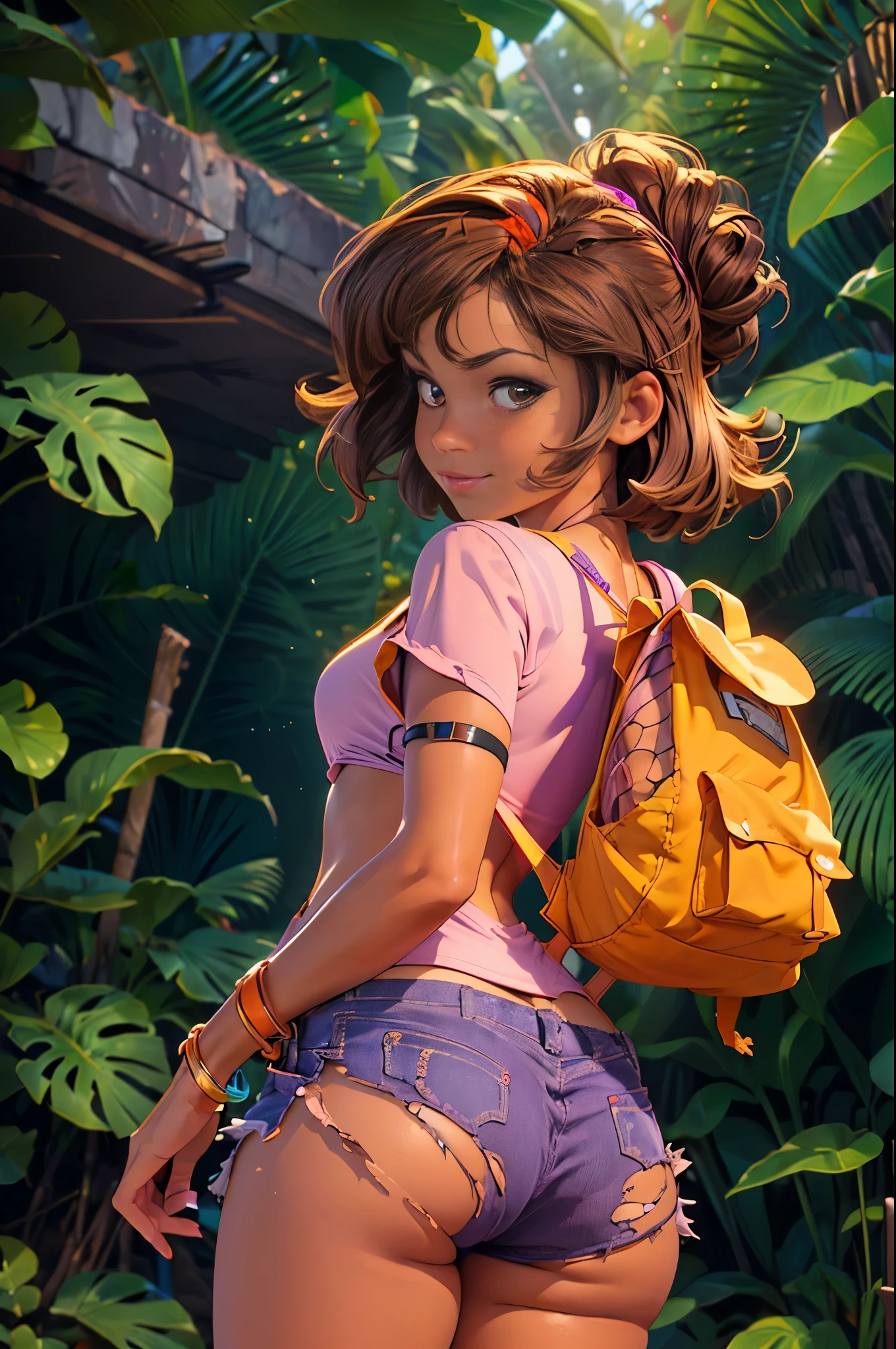 (masterpiece), best quality, expressive eyes, perfect face, (Maya Ruins deep in the jungle background), (standing), (smirk), (1girl, age 18+, prinzzess, Latina, dark skin, tanned skin, brown hair, short hair with bangs, bob hairstyle, brown eyes, hourglass figure, thin body, skinny body, petite_body, wide hips, thick thighs), (((loose fit v-neck pink shirt)), croptop, short sleeve, ((torn orange shorts)), ((purple backpack on back with sholder straps)), gold bracelet),