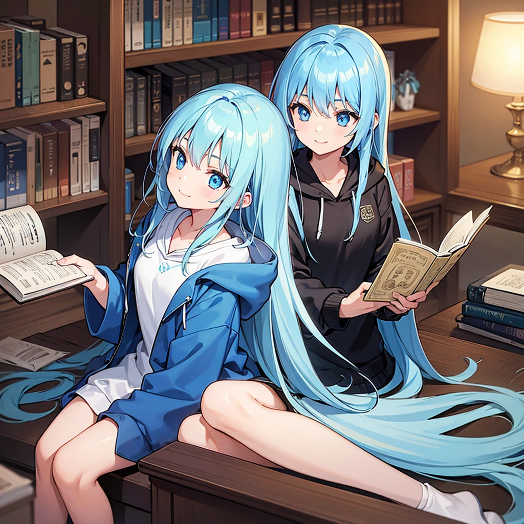 the inside of a library, 1girl, solo, bartende, reading a book, sitting, light blue hair, long hair, light blue eyes, flat chest, slim figure, smile, hoodie, perfect anatomy