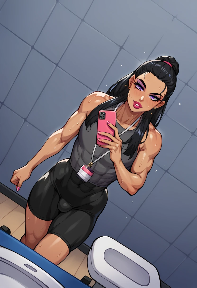 score_4, score_5, score_6,1femboy, selfie on the mirror,apache,  black hair,long hair,straight hair,  purple Eyes,arrogant look,1,70cm high,perfect face,olhar arrogante , olhando o espectador,muscle body ,small boobs,  round boobs,cintura super fina ,curvy,ATHLETIC BODY,  huge thighs , slim waist,coxas gigantes,longe legal, defined thighs, WIDE HIP , huge ass,Sweat.gym,volume de testiculo,background, gym.