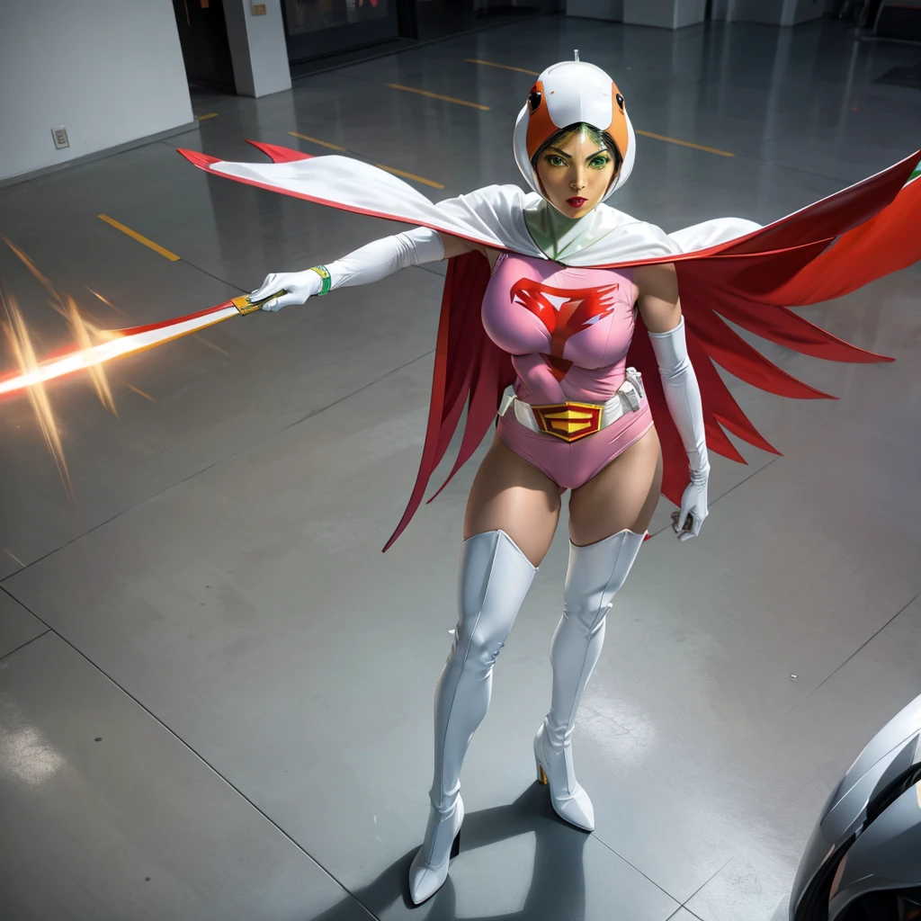 ANI_CLASSIC_jun_gatchaman_ownwaifu,1girl, ,good anatomy, masterpiece, best quality,realistic, hyperrealistic, 16k hdr, long hair,breasts,green eyes,lips,large breasts,lipstick,makeup,gloves,cape,helmet,belt,elbow gloves,white gloves,mask,white tight overknee highheels boots,nude body,((standing pose)),cameltoe,holding weapon