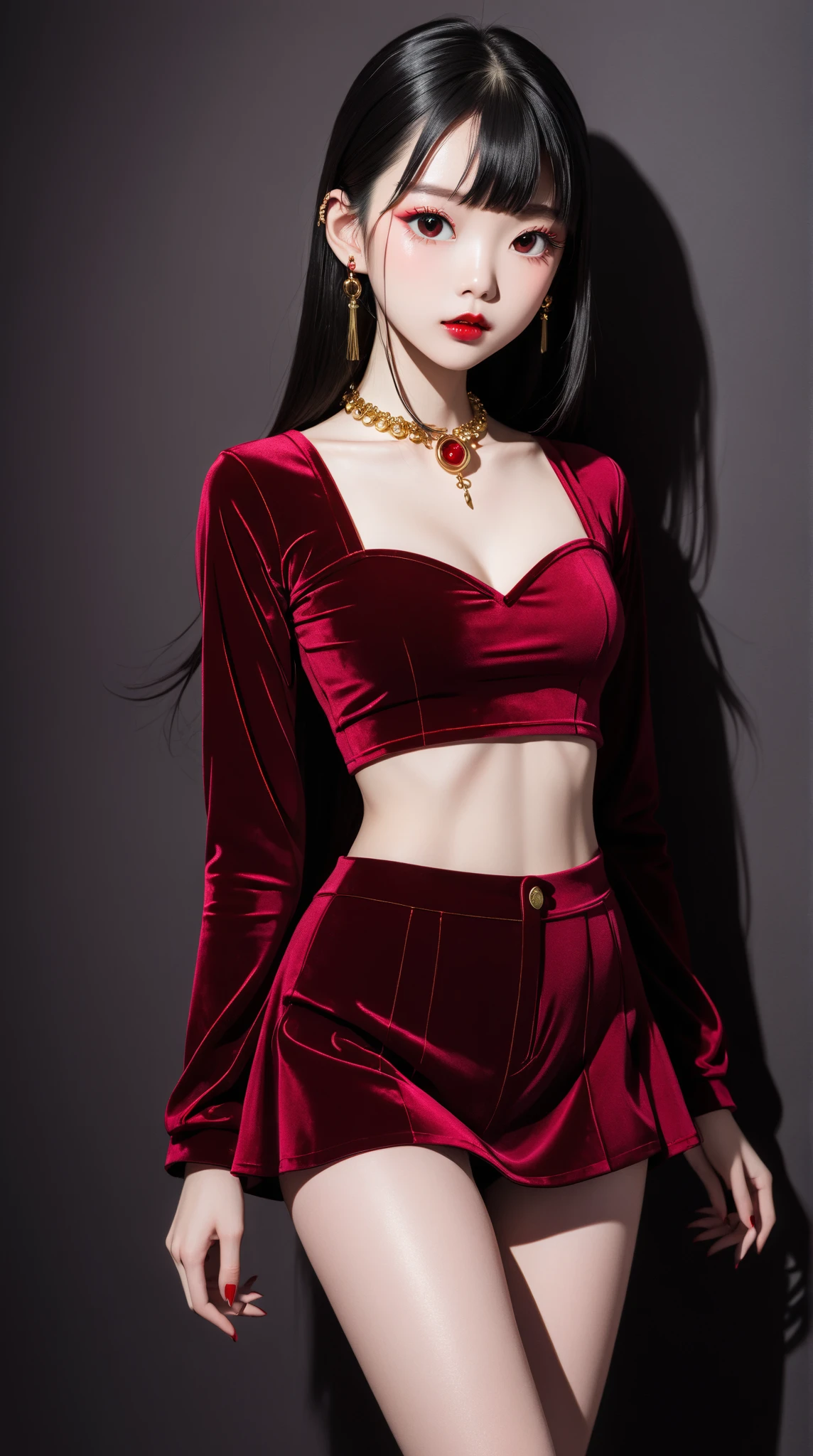 Surreal and cinematic picture of a young asian, slim fit young teen girl, round face, full crimson lips, super slim waist, extremly long skinny legs, navel percing, big gold ear ring, blushing cheeks, very long straight dark ruby red hair, pale white skin, big green eyes, ulzzang, long eyelashes, wearing a tight, long-sleeved, crimson velvet crop top, crimson velvet mini skirt and crimson colored velvet knee high boots, black background, (arms behind back), cleavage, underboob, big breasts, 