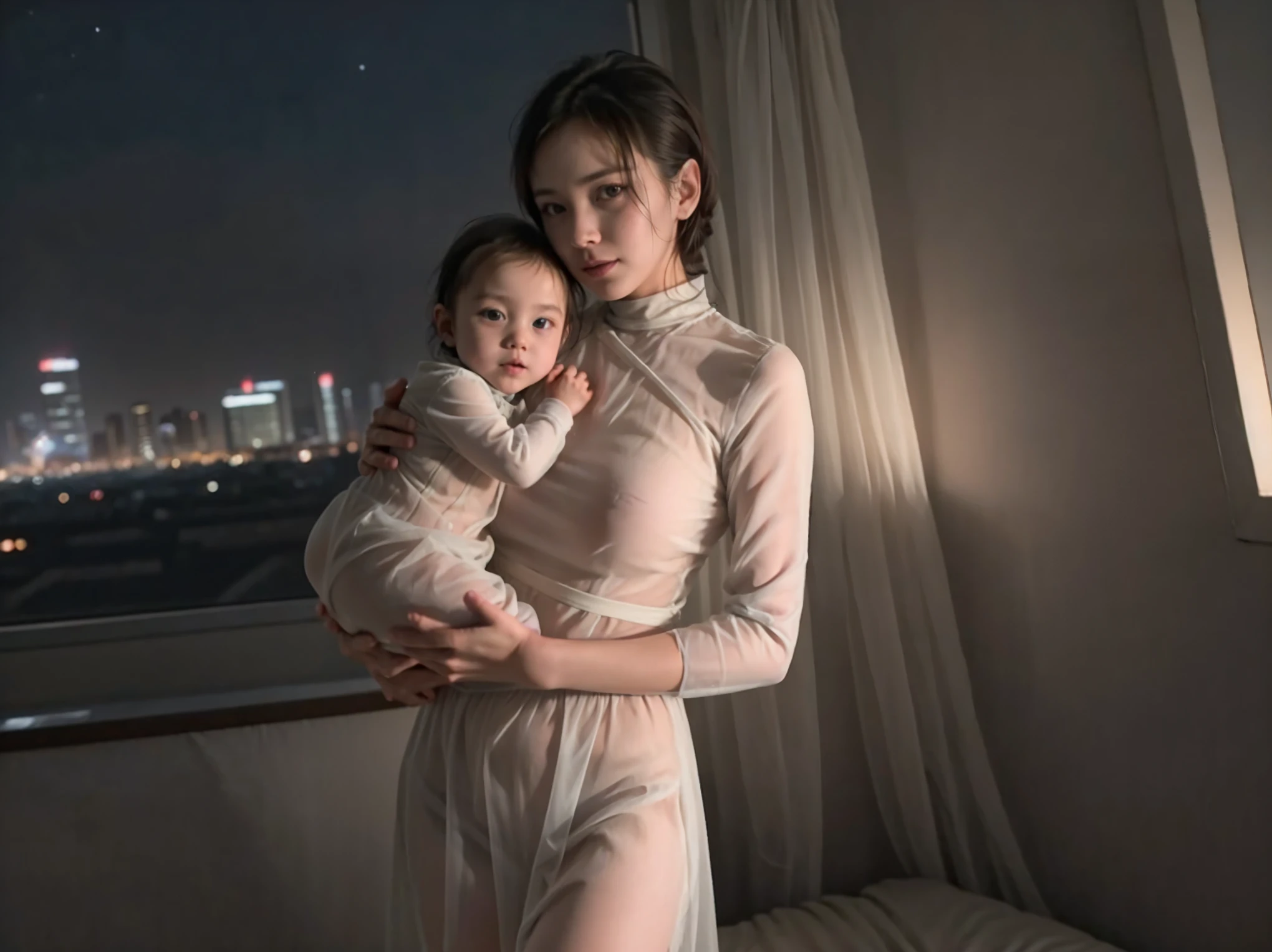 Best quality, realistic, detailed, masterpiece, image of mom and month-old babyboy, mom lay holding baby, looking camera, naked, full body, night sky, future palace, cyberpunk background