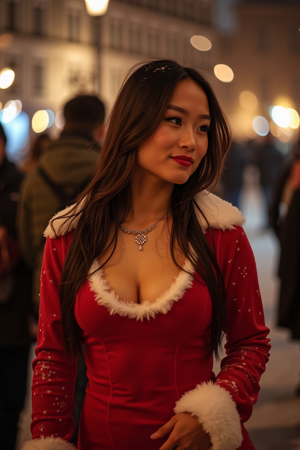 Winter at a christmas market, a beautiful voluptuous woman, curvy body shape, french braid, wool jacket, tight pants, Skating on an ice rink, depth of field, bokeh, Volumetric lighting, it is snowing, shot from ground level,