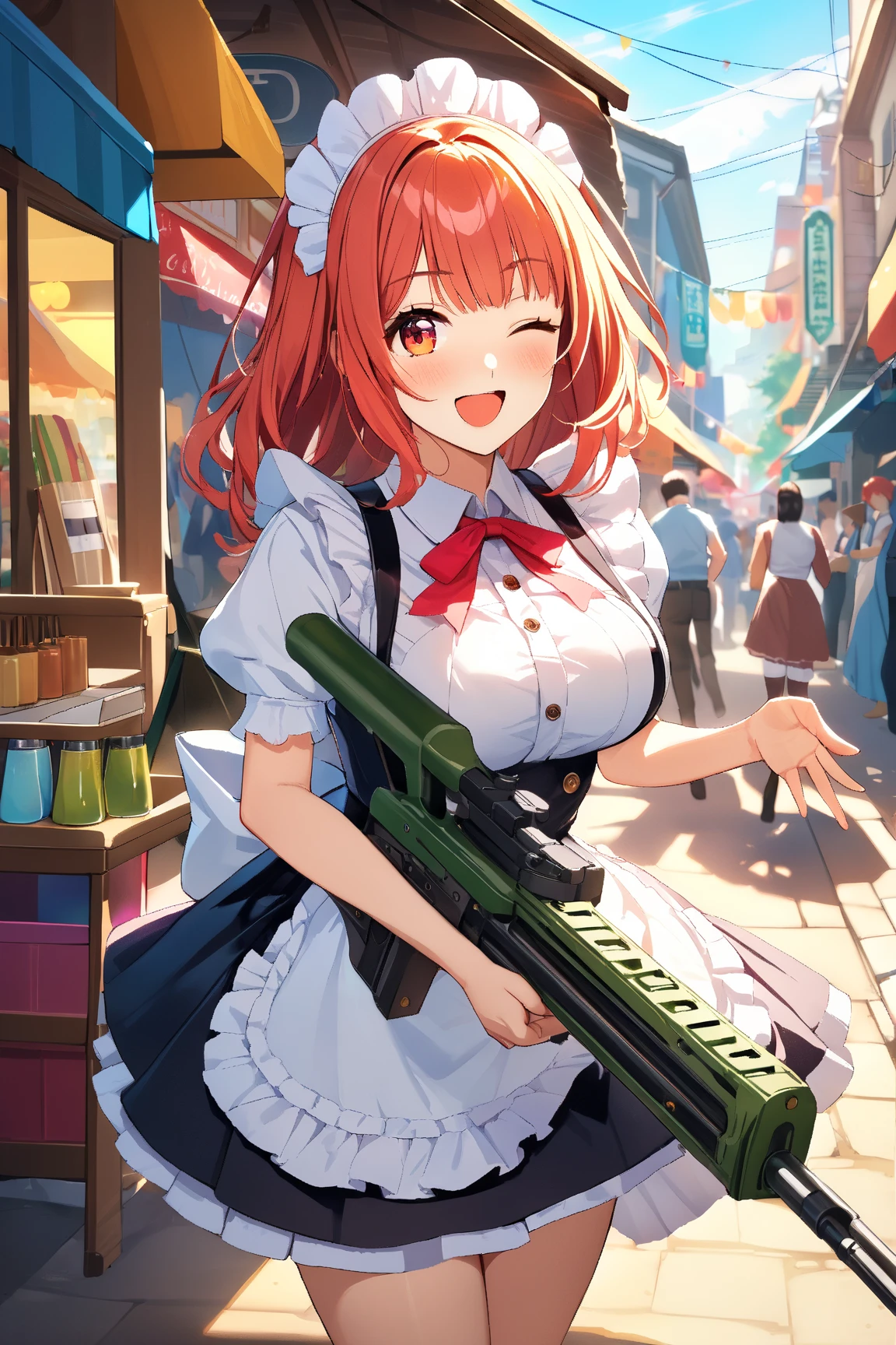 1 girl, (playful expression), , medium-length hair, (winking:1.2), dressed in a stylish maid outfit, large breasts, slim, (brandishing a machine gun:1.3), BREAK  
vibrant street scene, bustling market, colorful stalls, (confident stance:1.2), lively background, BREAK  
(bright sunlight, soft shadows), cheerful ambiance, character-centric, game cg, BREAK  
absurdres, highres, ultra detailed, beautiful, masterpiece, best quality,