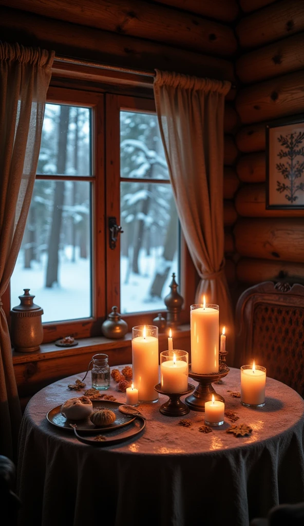 masterpiece, 8k, HDR, 3D, best quality, photograph, analog style, real life, extremely beautiful, (highly detailed, intricately detailed), (highly detailed skin), (alluring eyes), An image of a cozy cabin in the middle of a snowy forest, softly illuminated by candlelight. The flames flicker and cast dancing shadows on the wooden walls, creating a warm and peaceful atmosphere. On the table, several candles of different sizes are placed in antique candle holders, their flickering lights adding a magical touch to the room. Outside, the snow is slowly falling, covering the landscape in a silent, white blanket. Inside the cabin, the air is permeated with the subtle scent of wax and burning wicks. The scene is serene and enveloping, as if time has stopped for a moment to allow you to enjoy the simplicity and beauty of candlelight