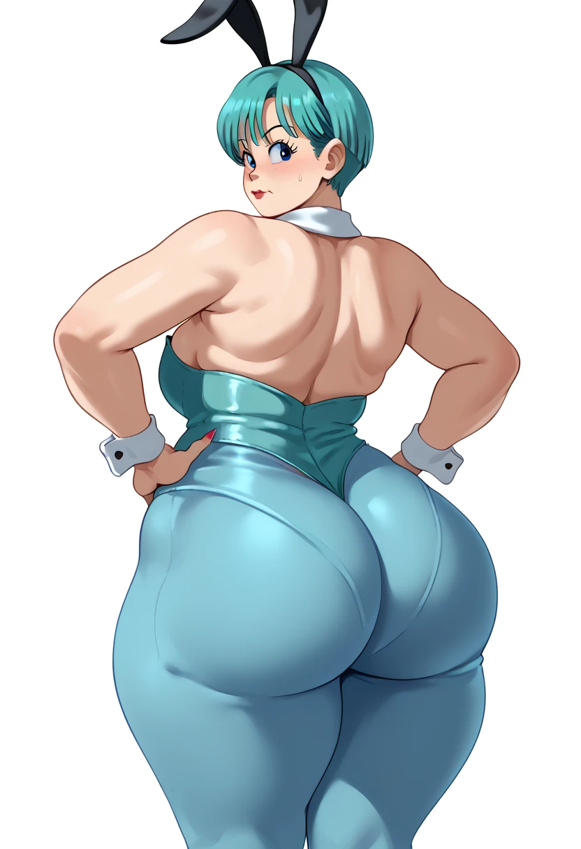 score_9, score_7_up 1girl, solo, bulma, blue pants, ass, playboy bunny, fake animal ears, hand on own hip, looking at viewer, white background, mature female, ass focus,