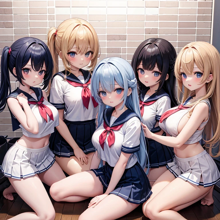 ((masterpiece, highest quality, High resolution, 超High resolution, Perfect Pixel, Depth of written boundary, 4K, RTTX 10.0, High resolution))), (Four adult women:1.3), Beautiful Anime Woman, Beautiful art style, Anime characters, ((Long Hair, bangs, Dark brown hair, ponytail, Twin tails, Bobcut)), ((Beautiful eyelashes)), ((Detailed face, blushする:1.2)), ((Smooth texture, Realistic texture, Anime CG Style)), Perfect body, Slender body, Exact finger count、Exact number of legs、Exact number of arms, (blush:1), (Four women stand side by side, lifting their skirts and putting their hands into their panties:1.2), ((Fashionable white shirt, Sailor collar, mini skirt, Knee-high socks, loafers: 1.2)), (Lift up your skirt yourself:1.1), Realistic, (Slender body:1.1), highest quality, High resolution, 非常にDetailed face, Perfect lighting, Extremely detailed CG, (Perfect hands, Perfect Anatomy), Embarrassed expression, (School classroom:1.3), Morning sun-like lighting, whole body, ((Stylish and sexy shiny satin panties, Stylish lace side-tie panties, White panties, Pink Panties, Light blue panties:1.2)), Angle from the front、(Beautiful and thin thighs:1.1), ((Put your hands in your panties:1.5), fingering)