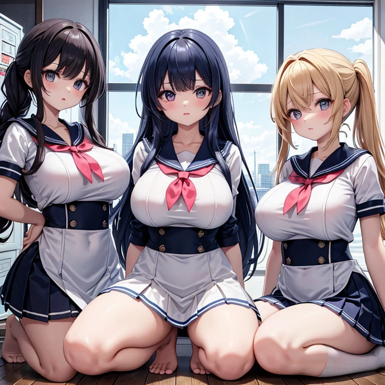 (Cute eyes:1.2), (Colorful eyes:1.2),(Beautiful Eyes:1.2), Highest quality,wonderful,finely,Highly detailed CG Unity 8k wallpaper, (The three of them lined up and hugged:1.2),(Three people with different physiques:1.3), (Three Girls, Sailor suit, A nice plump body, Dressed), (Huge Tits:1.3), (Open your mouth:1.1),(White knee socks:1.4),(Plump thighs:1.5),(Waistline:1.2),(同じSailor suit:1.4),(From behind:1.2),(Beautiful eyes:1.2),(Different hairstyle),(All three have different eye colors:1.2),(All three have different skin colors:1.2)