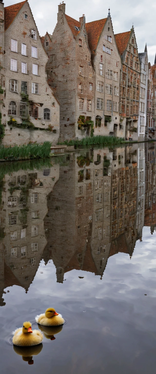 (Masterpiece: 1.2, High Definition, High Quality, 4K, 8k, Detail, Aesthetics: 1.2), old European stone cityscapes on both sides of the river, stone cityscapes reflected on the surface of the river, ripples of duck parents and ducklings swimming distort the cityscapes reflected on the river, Bruges, Belgium, quiet rural landscape, Realistic,