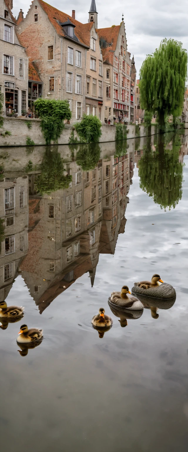 (Masterpiece: 1.2, High Definition, High Quality, 4K, 8k, Detail, Aesthetics: 1.2), old European stone cityscapes on both sides of the river, stone cityscapes reflected on the surface of the river, ripples of duck parents and ducklings swimming distort the cityscapes reflected on the river, Bruges, Belgium, quiet rural landscape, Realistic,