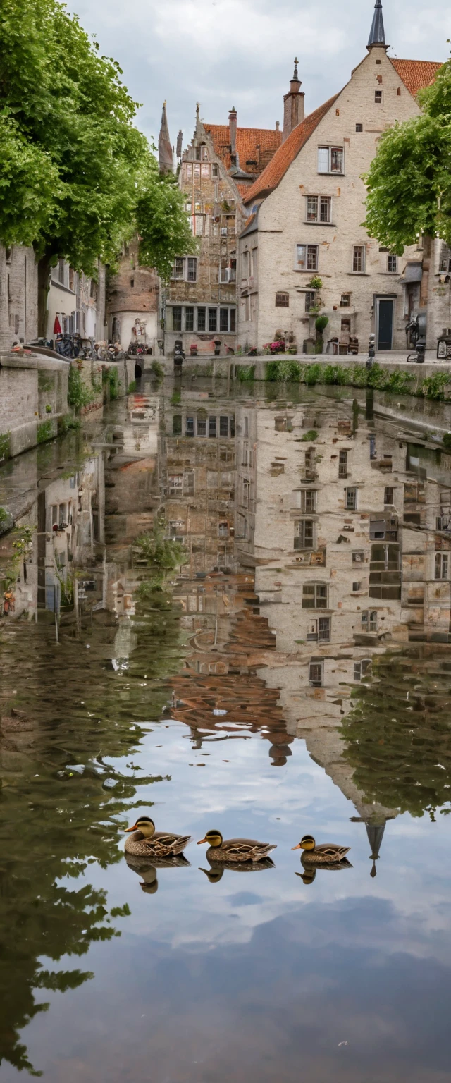 (Masterpiece: 1.2, High Definition, High Quality, 4K, 8k, Detail, Aesthetics: 1.2), old European stone cityscapes on both sides of the river, stone cityscapes reflected on the surface of the river, ripples of duck parents and ducklings swimming distort the cityscapes reflected on the river, Bruges, Belgium, quiet rural landscape, Realistic,