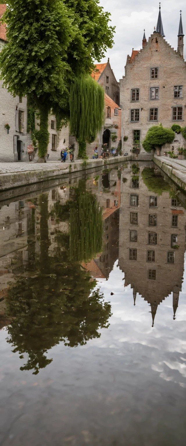 (Masterpiece: 1.2, High Definition, High Quality, 4K, 8k, Detail, Aesthetics: 1.2), old European stone cityscapes on both sides of the river, stone cityscapes reflected on the surface of the river, ripples of duck parents and ducklings swimming distort the cityscapes reflected on the river, Bruges, Belgium, quiet rural landscape, Realistic,