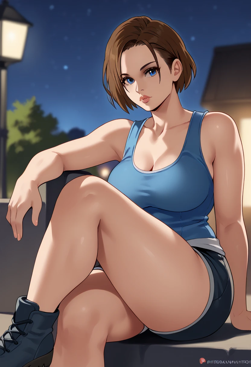 score_9, score_7_up 1girl, solo, jill valentine, looking at viewer, sitting, knee up, depth of field, night, blue tank top