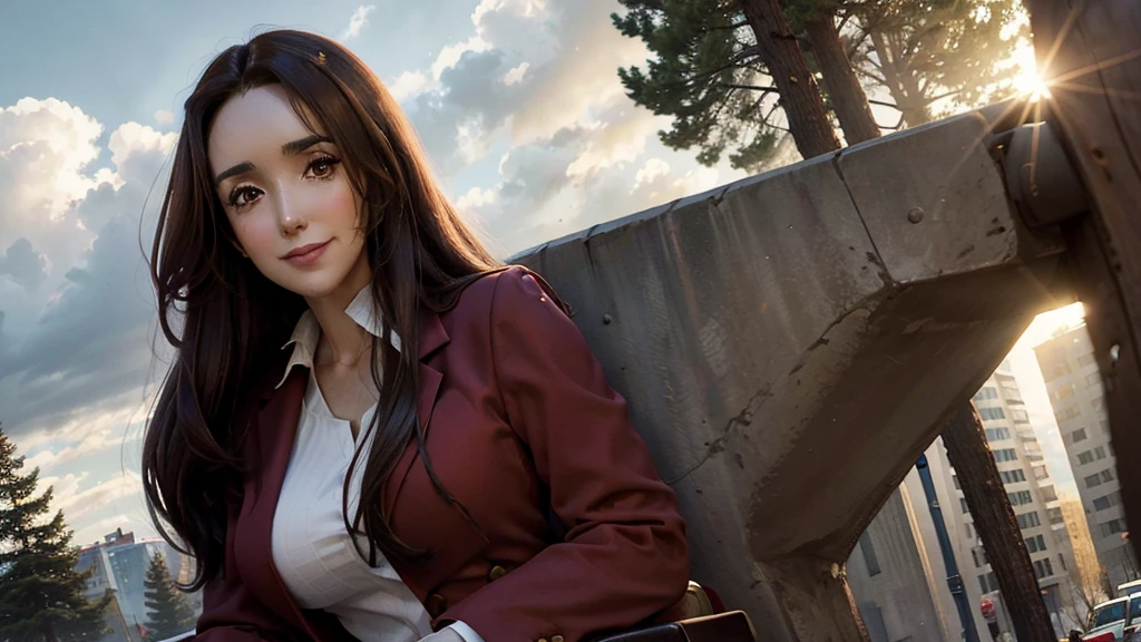 8K,  Best Quality , Victoria Villarruel dressed in a red suit as a lawyer,  long dark brown hair, slender with wide hips ,  warm smiling expression . outdoors, Square with trees in the city,  clouds in the sky in the background, faint rays of sunlight 