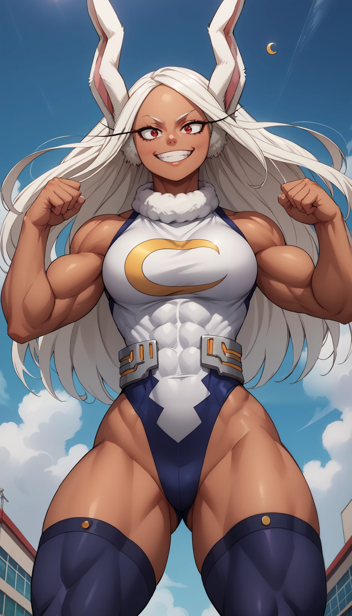 score_9, score_8_above, score_7_above, source_anime, from below, Alone, 1 , Rumi Usagiyama, long hair, animal ears, white hair, dark skin, rabbit ears , dark-skinned female, Muscular, girl rabbit, muscular female, Red eyes, fringe parted,thighhighs, shezfe , sleeveless, White Shezfe , leotard, High Neck T-Shirt , perna alta, perna alta leotard, fur collar, sleeveless High Neck T-Shirt , High Neck T-Shirt leotard, sleeveless High Neck T-Shirt leotard, crescent print,smile, Dynamic pose