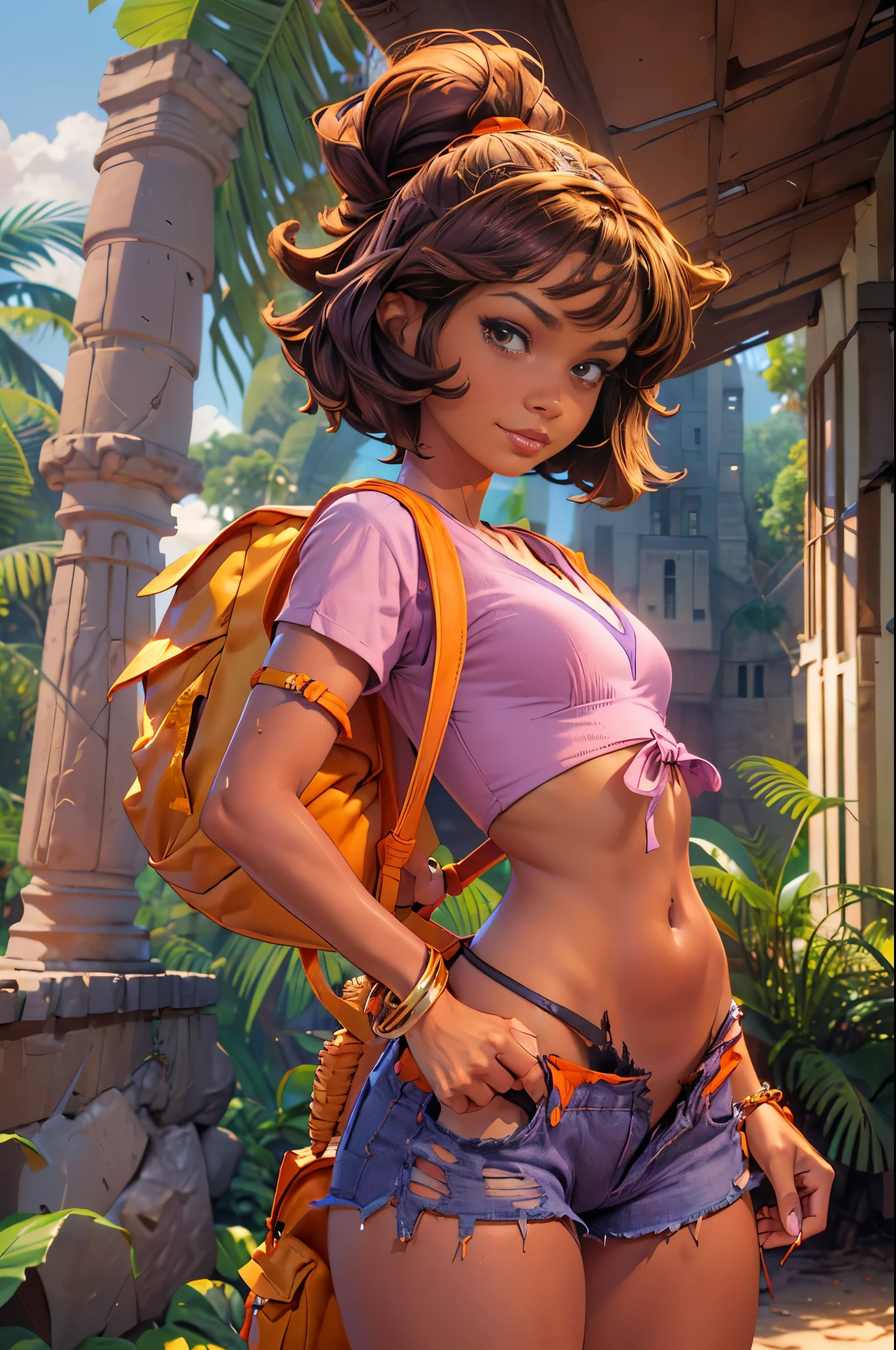 (masterpiece), best quality, expressive eyes, perfect face, (Maya Ruins deep in the jungle background), (standing), (smirk), (1girl, age 18+, prinzzess, Latina, dark skin, tanned skin, brown hair, short hair with bangs, bob hairstyle, brown eyes, hourglass figure, thin body, skinny body, petite_body, wide hips, thick thighs), (((loose fit v-neck pink shirt)), croptop, short sleeve, ((torn orange shorts)), ((purple backpack on back with sholder straps)), gold bracelet),